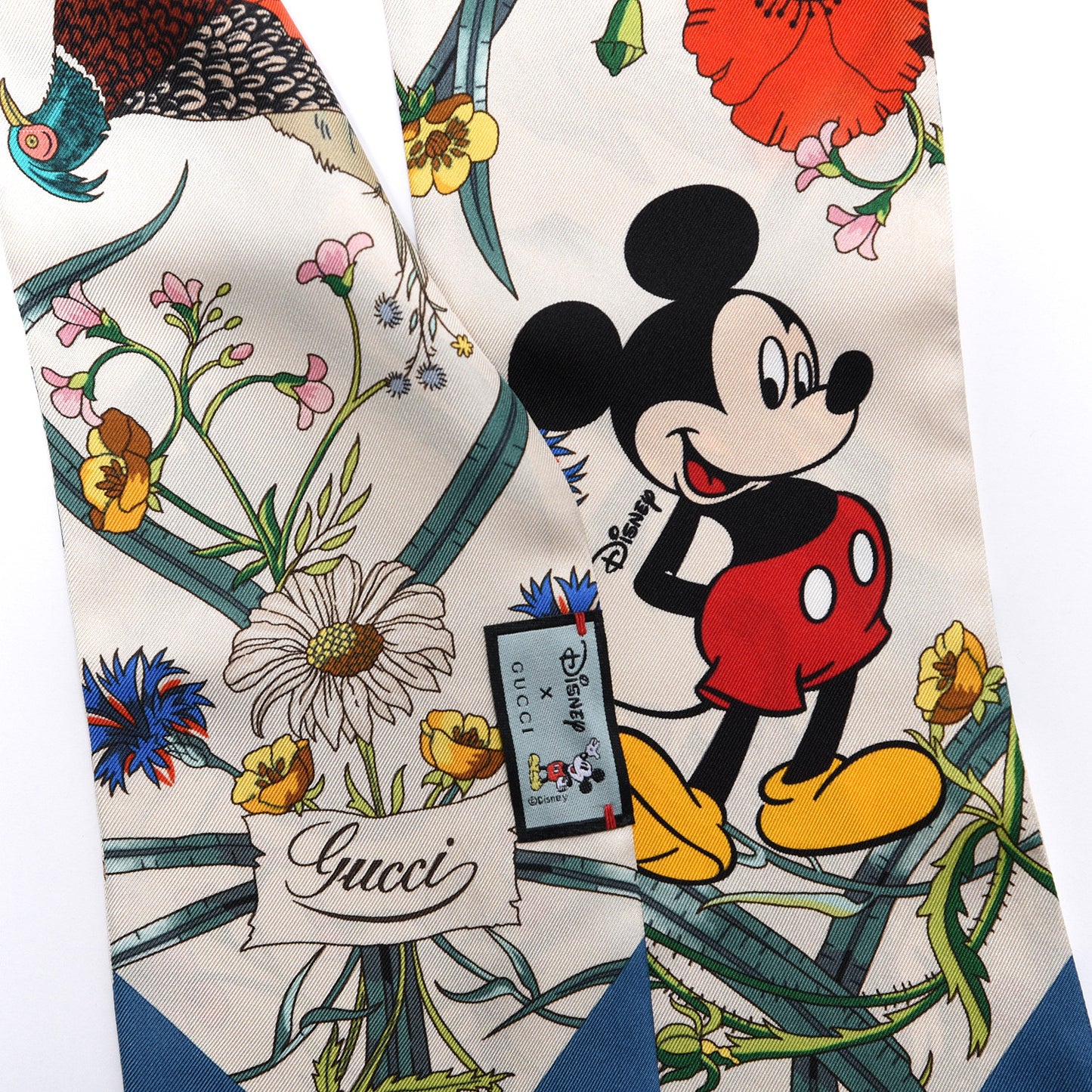X DISNEY Silk Twill Mickey Lac Neck Bow Scarf Ivory Blue