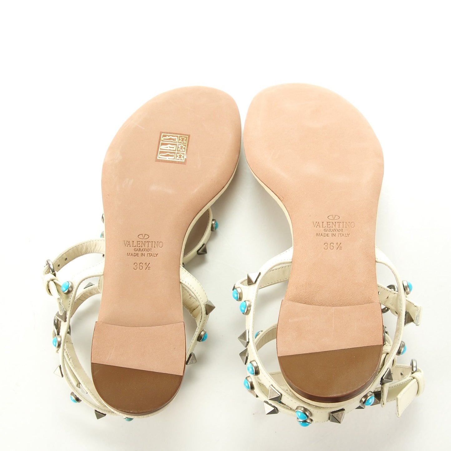 Calfskin Rockstud Rolling Ankle Wrap Flat Thong Sandals 36.5 White