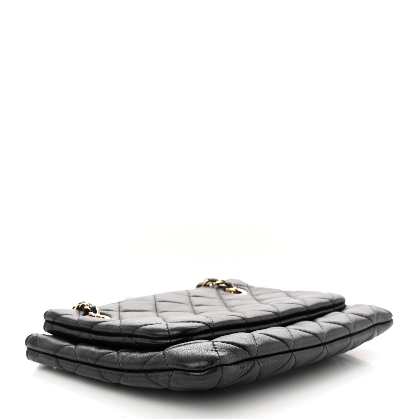 Shiny Lambskin Quilted Medium Double Case With Strap Black