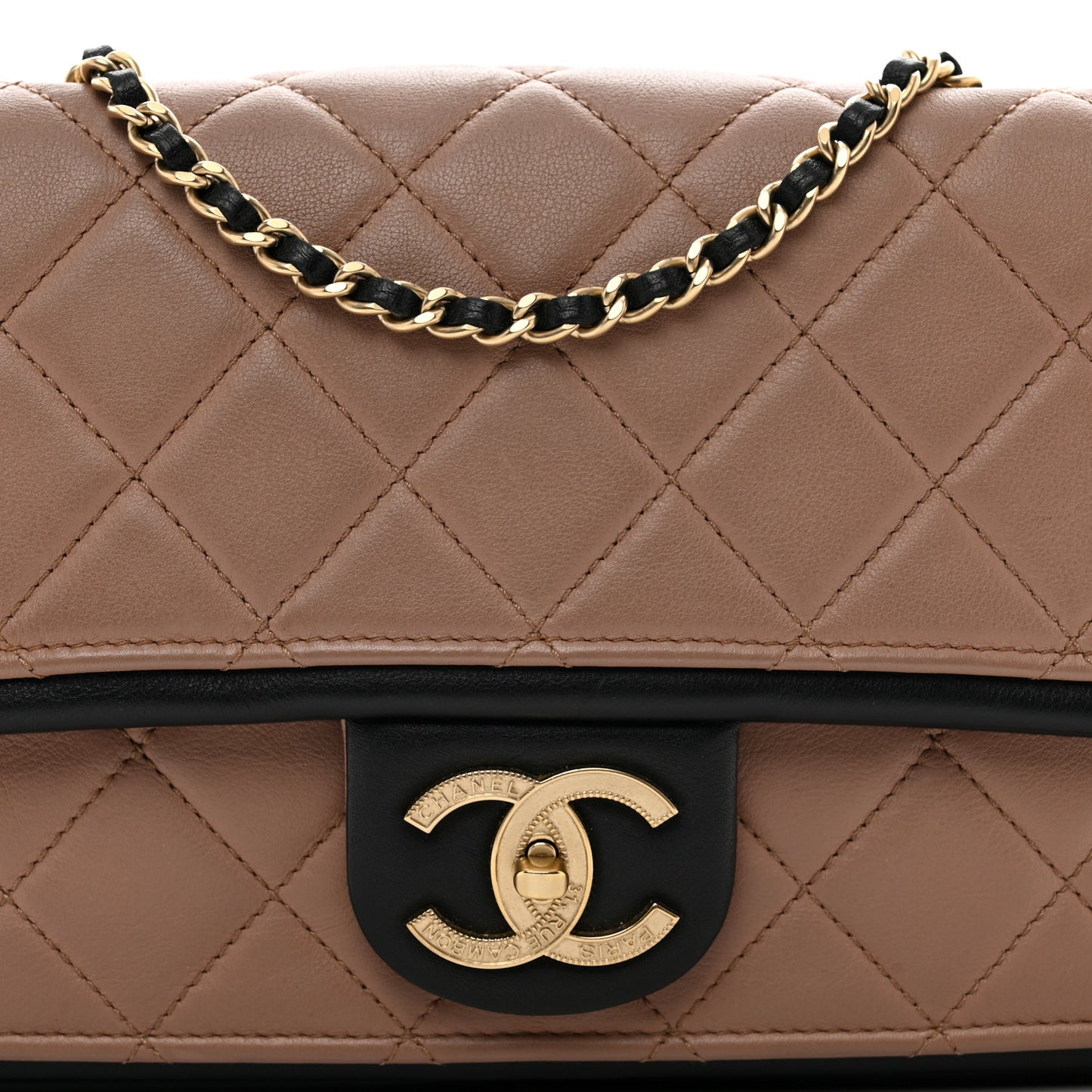 Calfskin Quilted Medium Graphic Flap Beige Black