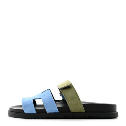 Hermes Suede Goatskin Womens Chypre Sandals 38 Bleu Cameo Vert 1 of 9