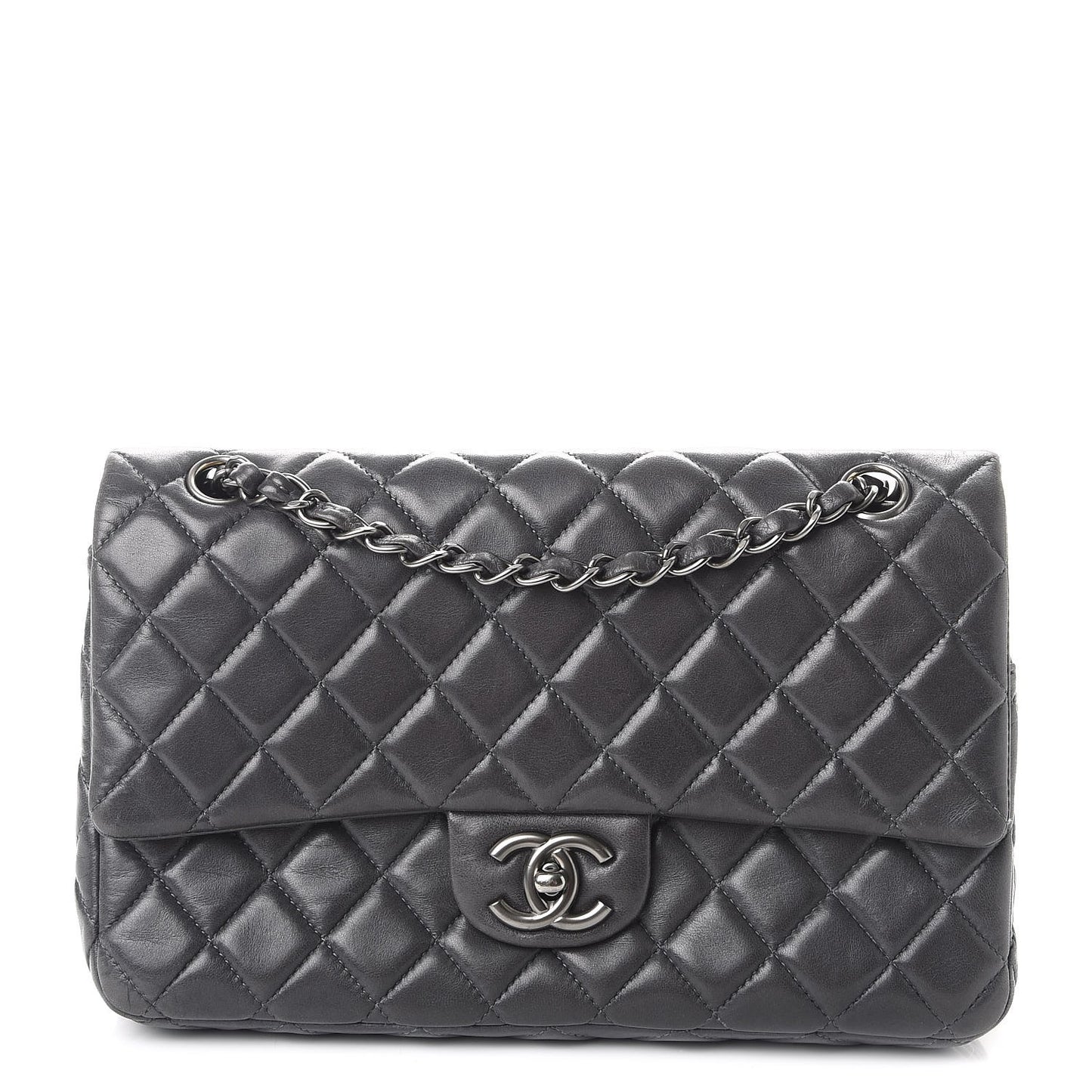 Lambskin Medium Quilted Double Flap Dark Grey