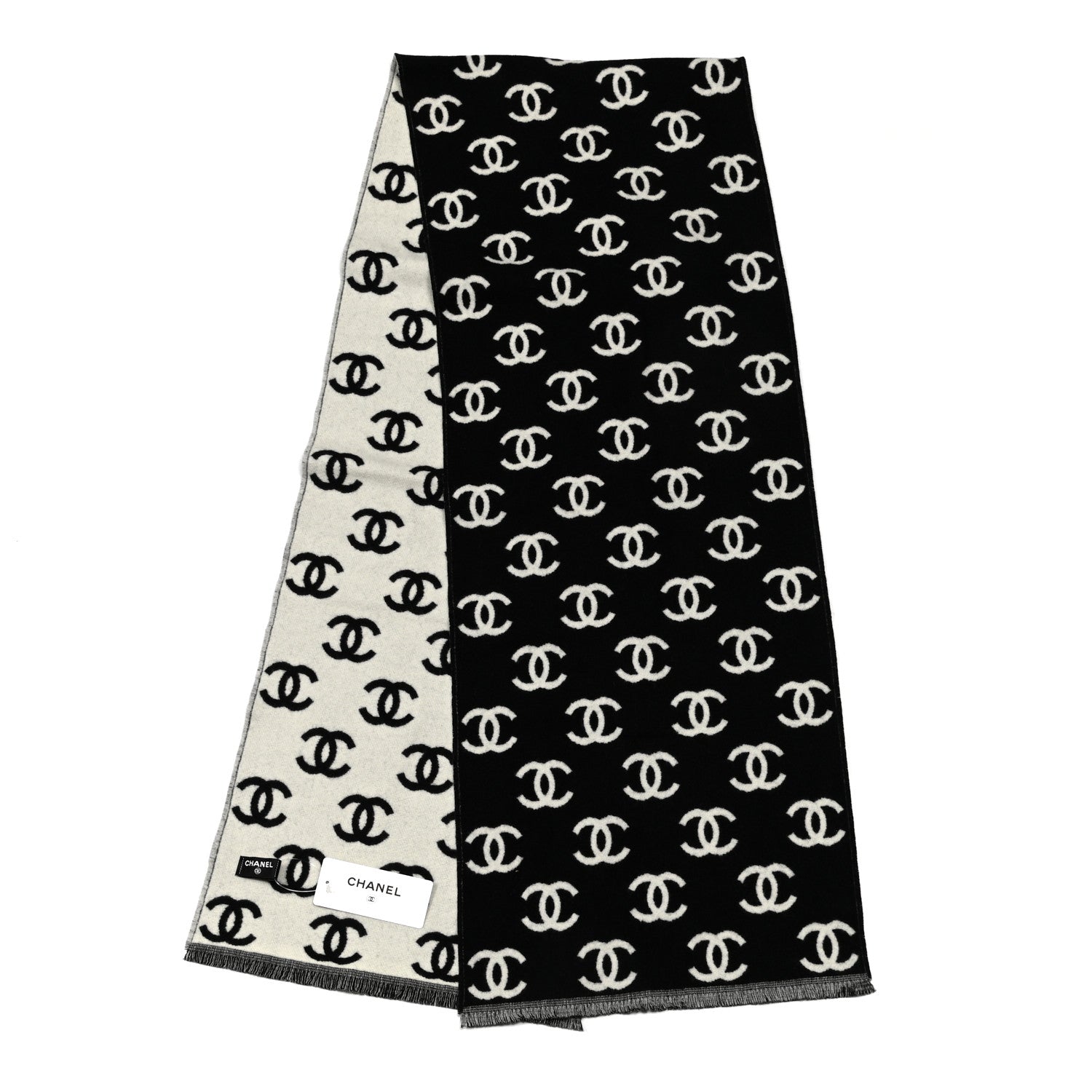 Chanel Wool Cashmere CC Scarf Black White 2 of 4