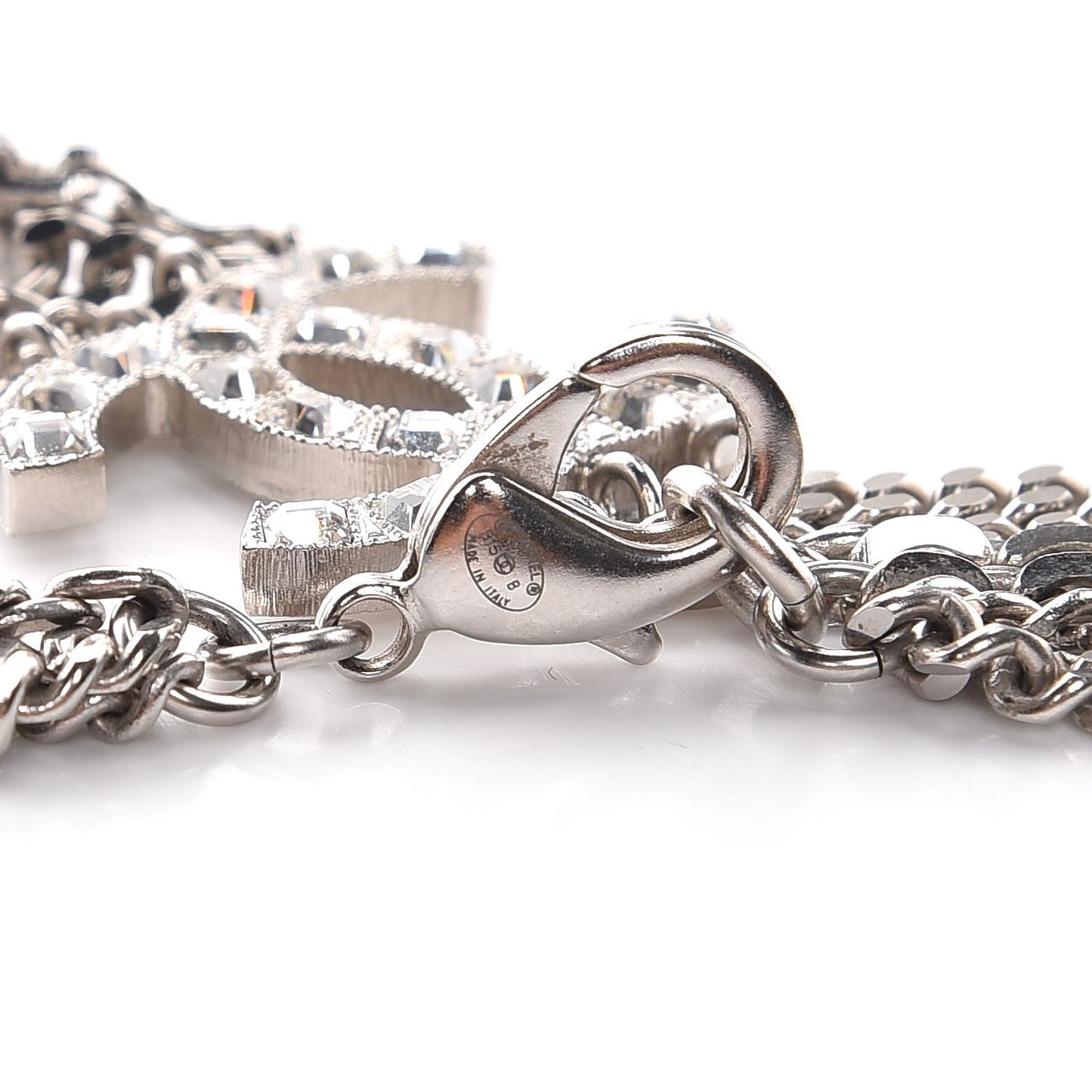 Baguette Crystal CC Shield Multi Strand Long Chain Necklace Silver