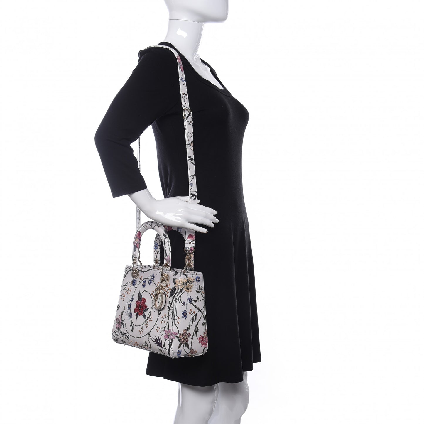 Calfskin Rosa Mutabilis Embroidered Medium Lady Dior White Multicolor