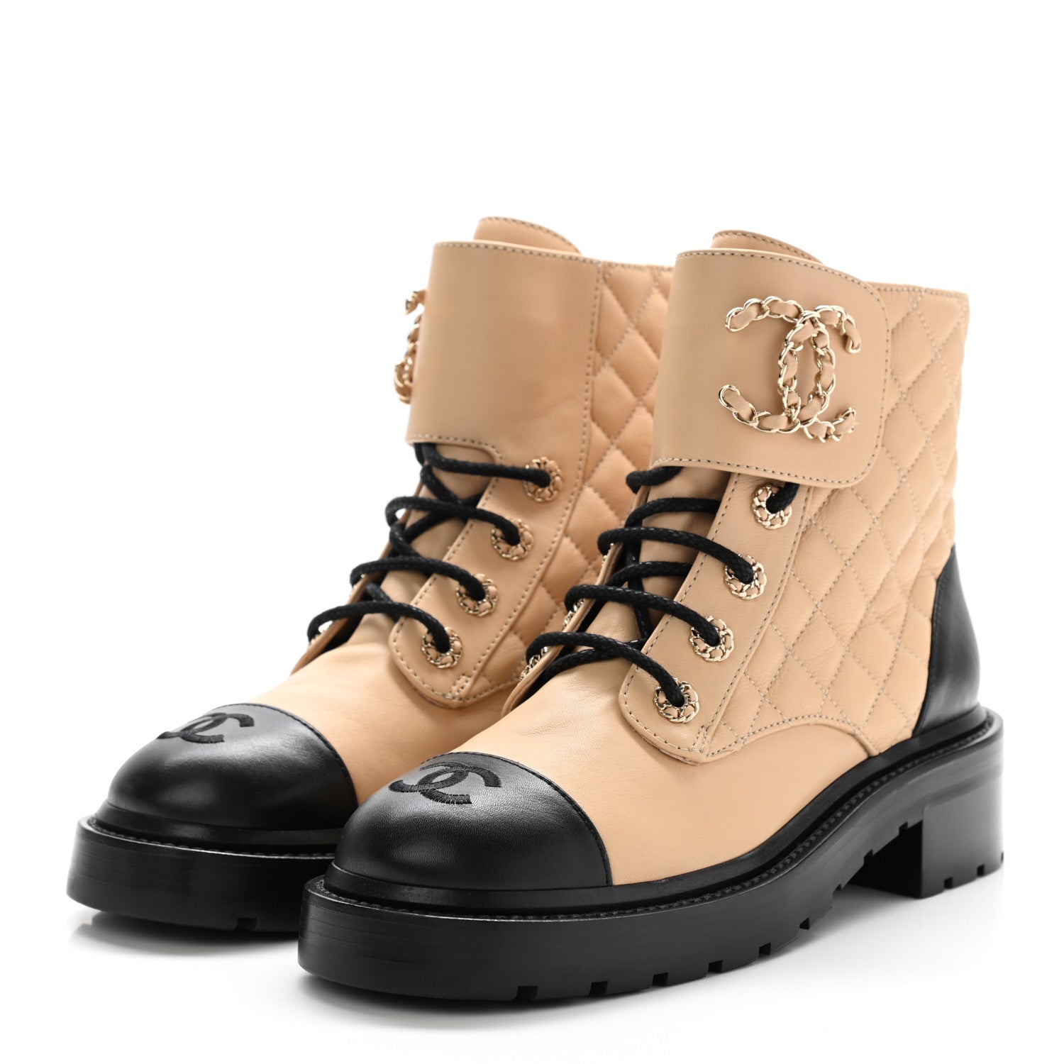 Chanel Lambskin Calfskin Quilted Lace Up Combat Boots 37.5 Beige Black 3 of 14