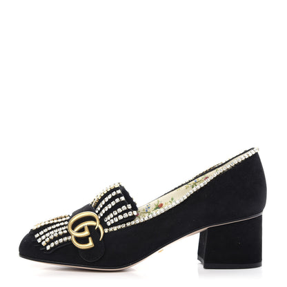 Gucci Kid Scamosciato Crystal GG Marmont Fringe 50mm Loafer Pumps 36.5 Black 1 of 11