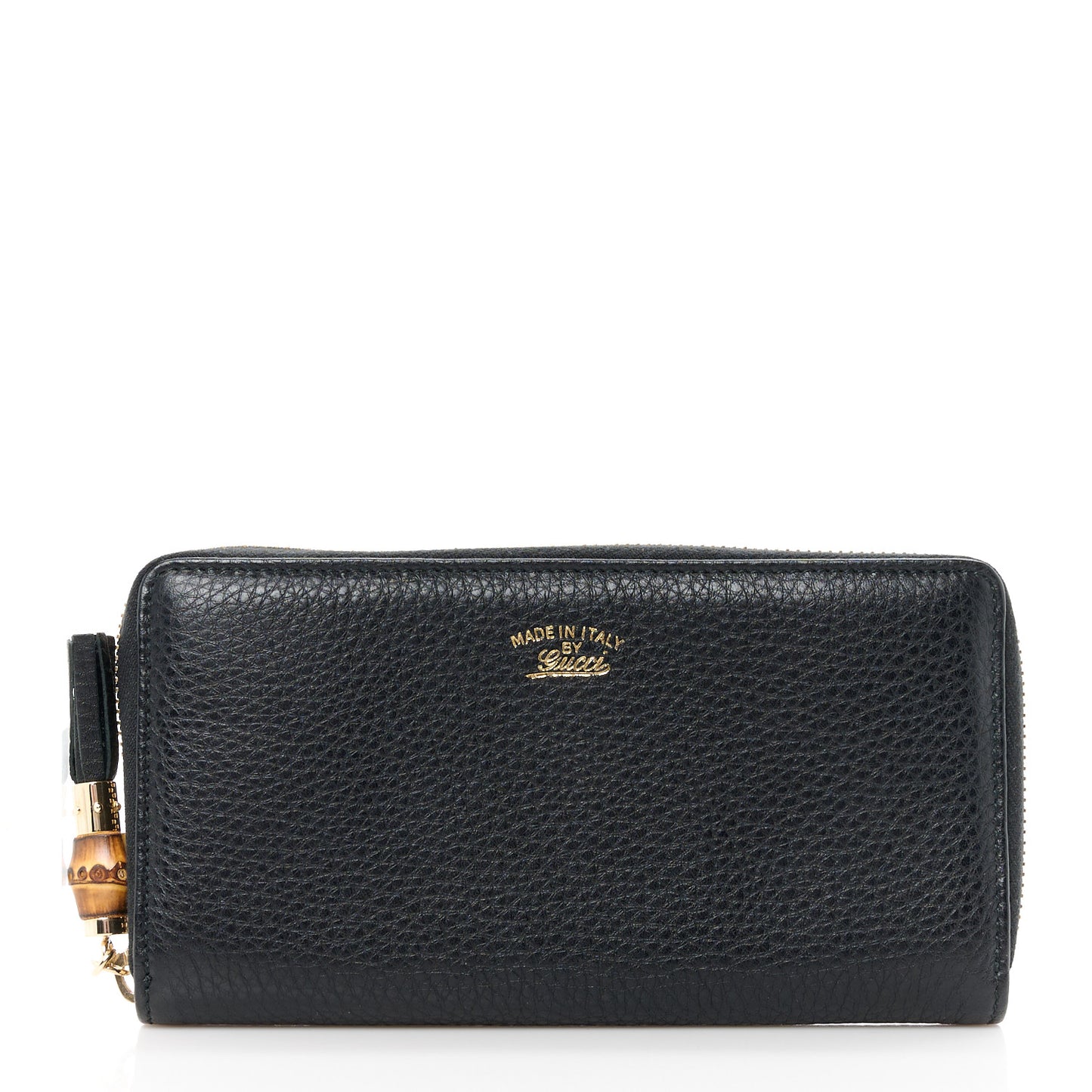 Pebbled Calfskin Bamboo Tassel Zip Around Wallet Black