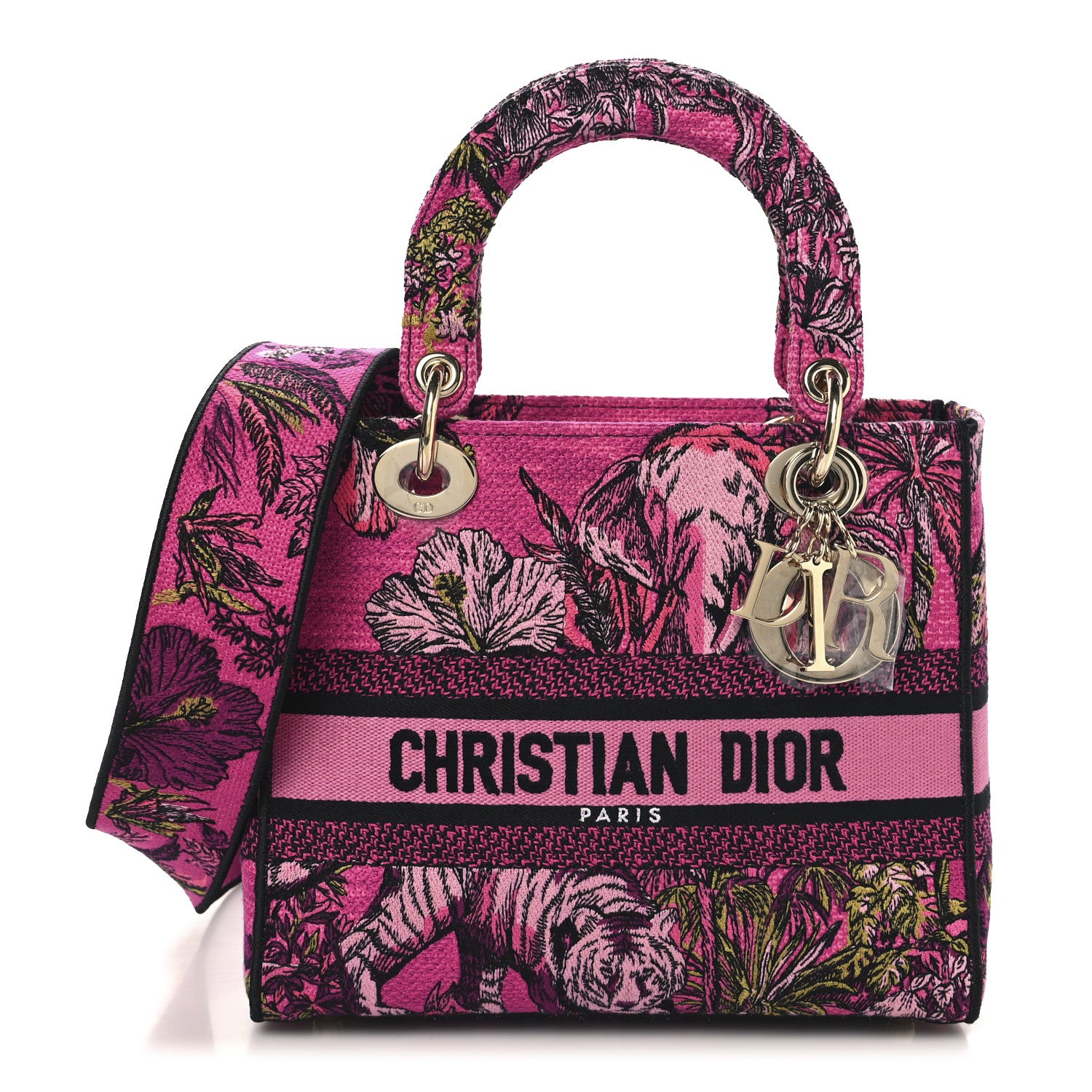 Christian Dior Toile de Jouy Voyage Embroidered Medium Lady D-Lite Fuchsia Multicolor 1 of 10