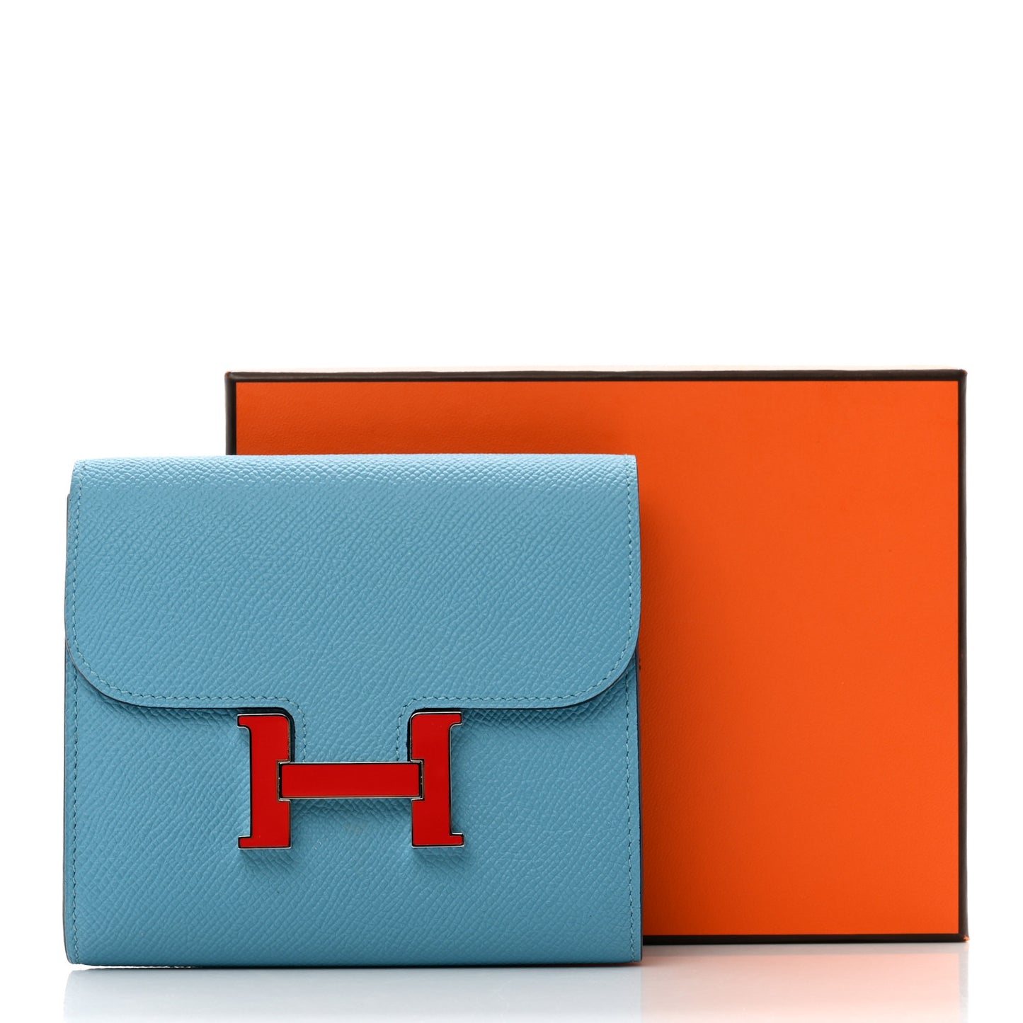 Epsom Enamel Constance Compact Passant Wallet Bleu du Nord Rouge de Coeur