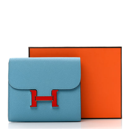 Hermes Epsom Enamel Constance Compact Passant Wallet Bleu du Nord Rouge de Coeur 8 of 8