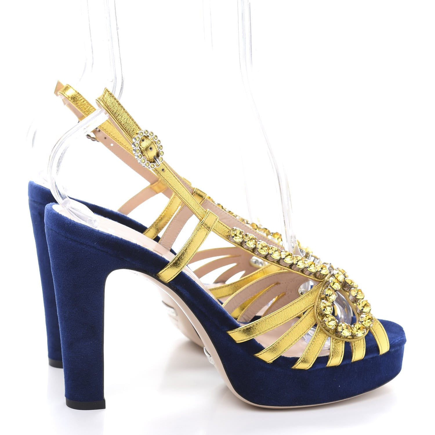 Gucci Velvet Nappa Crystal Zephyra Slingback Platform High Heel Sandals 37 Blue Gold 4 of 8