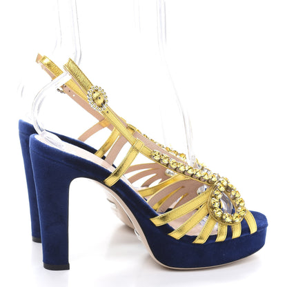 Gucci Velvet Nappa Crystal Zephyra Slingback Platform High Heel Sandals 37 Blue Gold 4 of 8