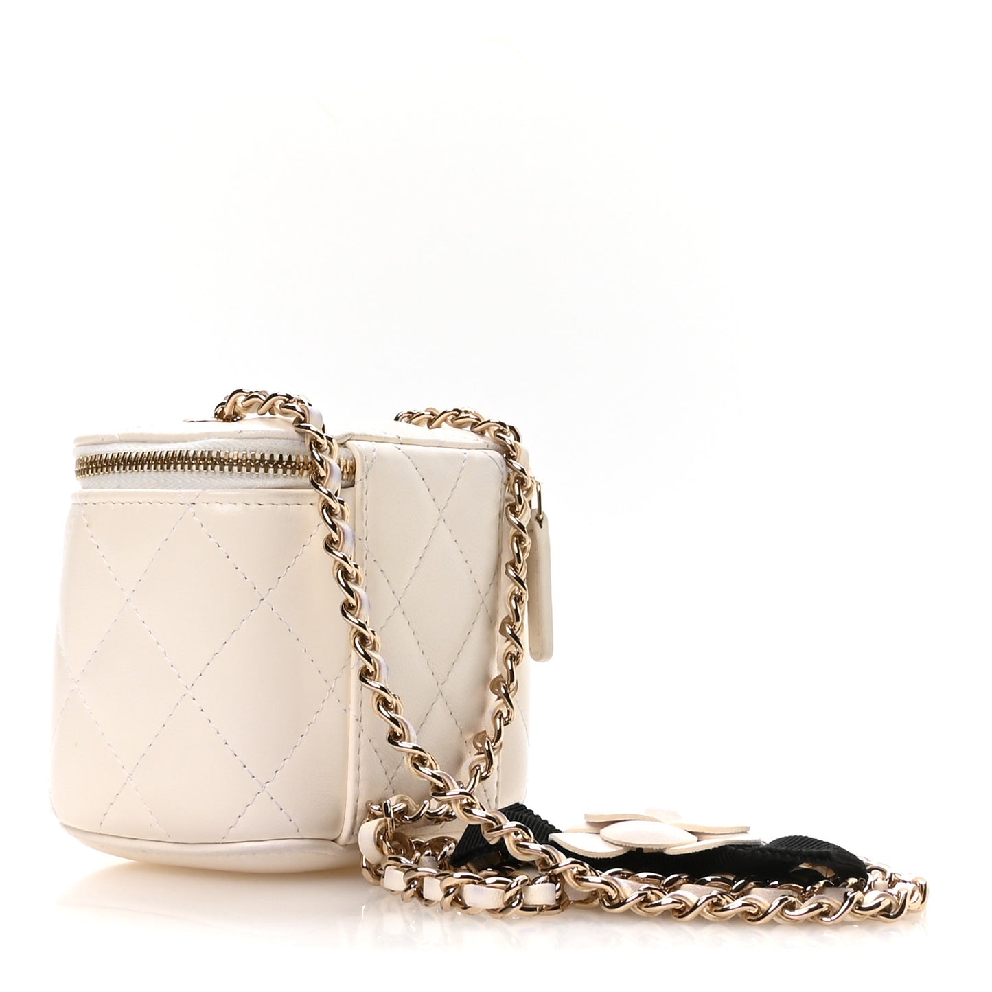 Lambskin Quilted Mini Camellia Bow Vanity Case With Chain White