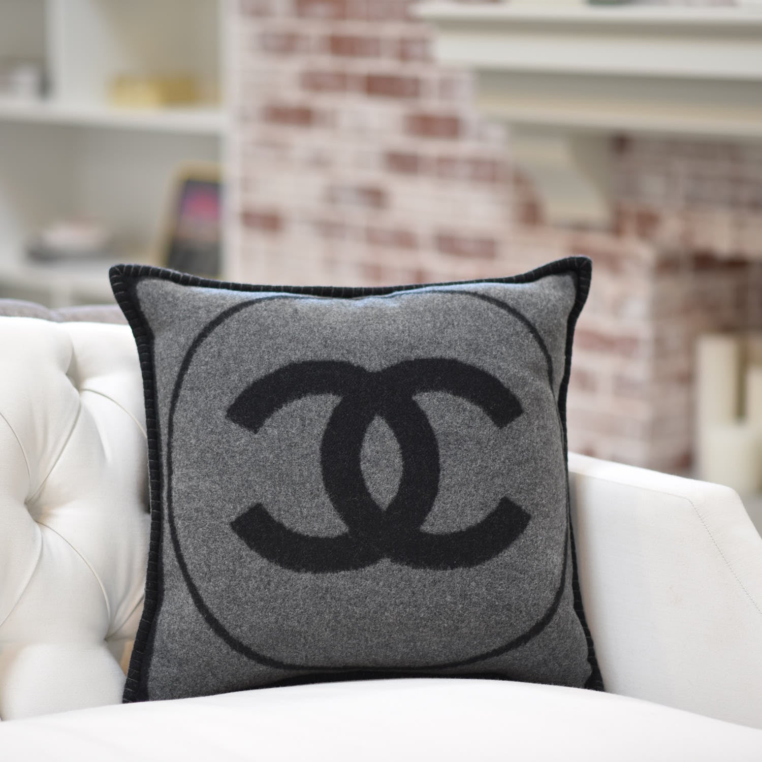 Chanel Merino Wool Cashmere CC Pillow Black Grey 2 of 5