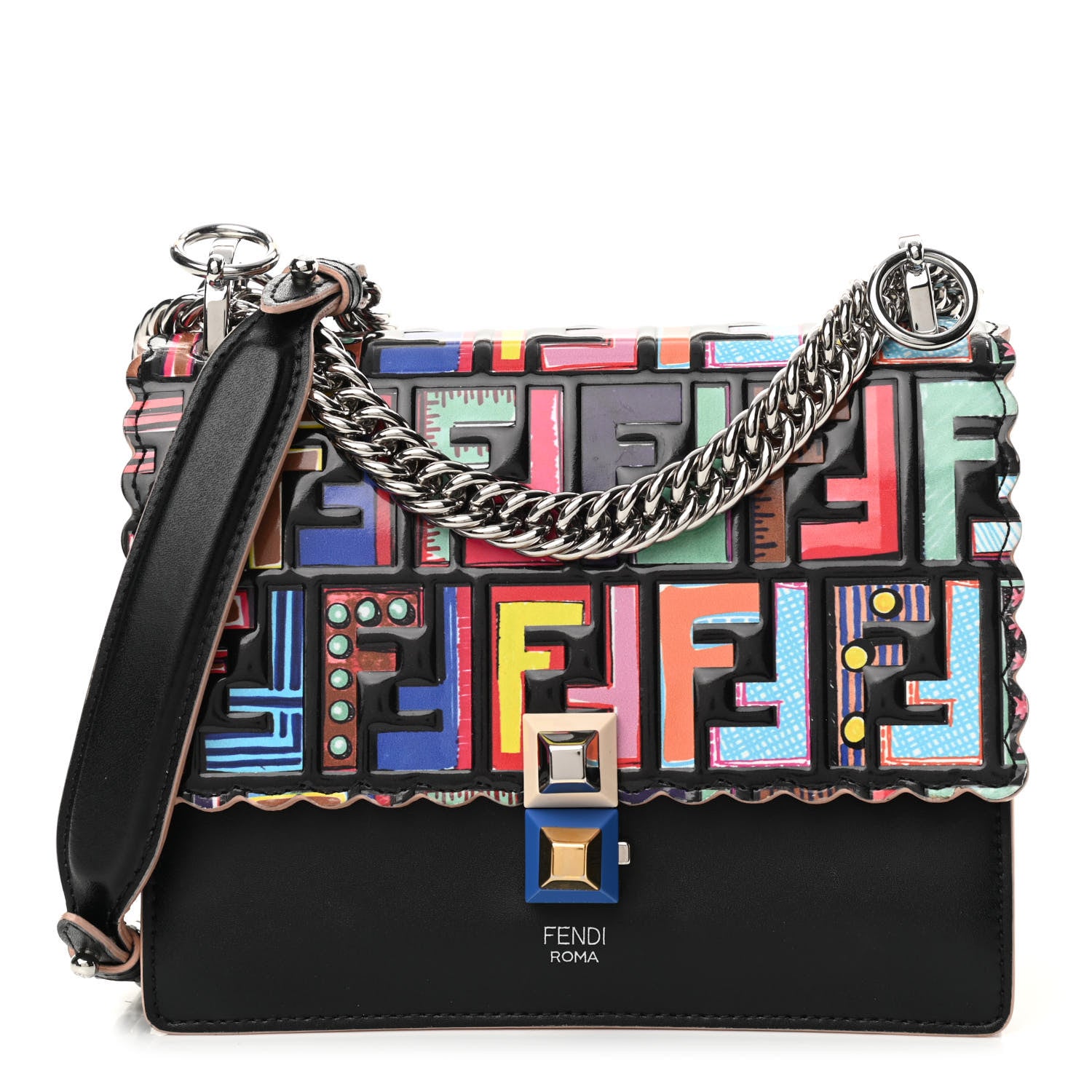 Fendi Vitello Liberty Fun Fair Embossed Scalloped Small Kan I Shoulder Bag Black Multicolor 1 of 10