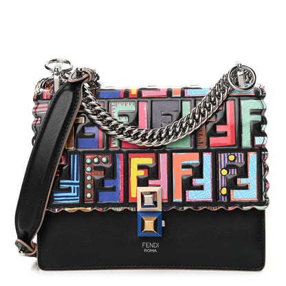 Fendi Vitello Liberty Fun Fair Embossed Scalloped Small Kan I Shoulder Bag Black Multicolor 1 of 10