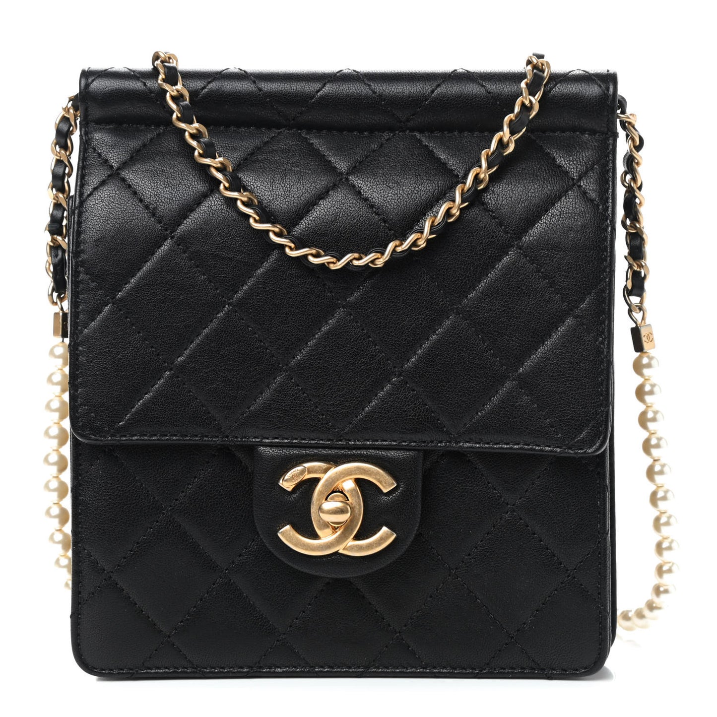 Lambskin Quilted Chic Pearls Flap Black