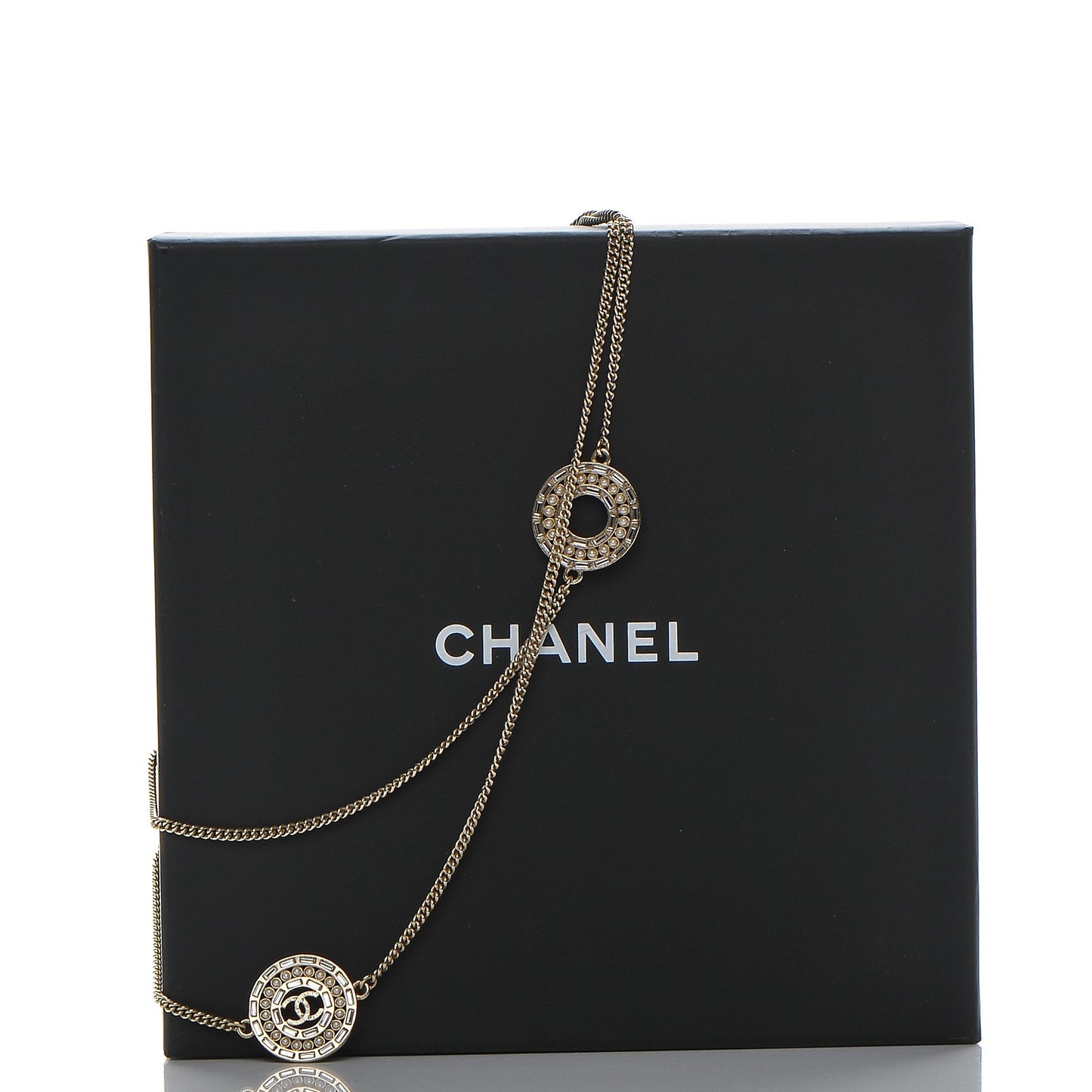 Crystal Baguette Pearl CC Chain Necklace Gold