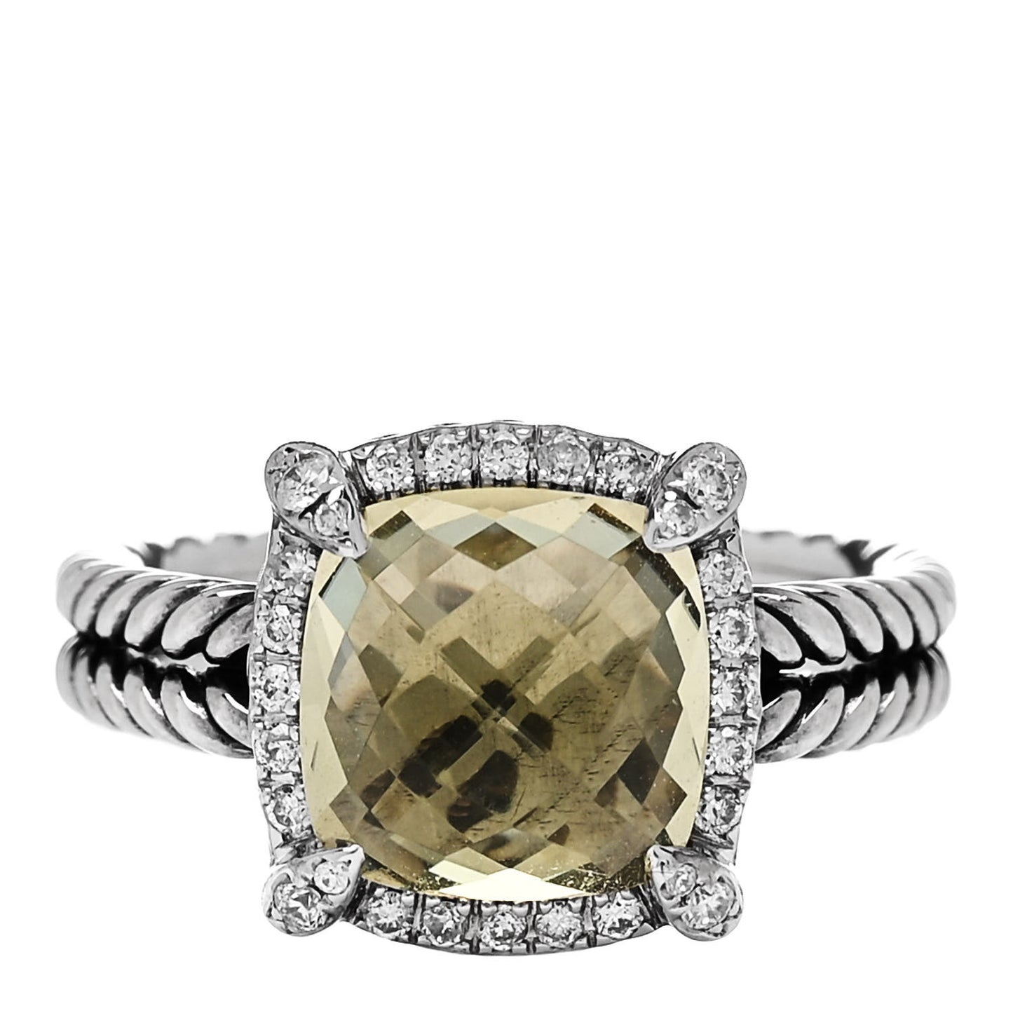 Sterling Silver Diamond Lemon Citrine 9mm Chatelaine Pave Bezel Ring 50 5.5