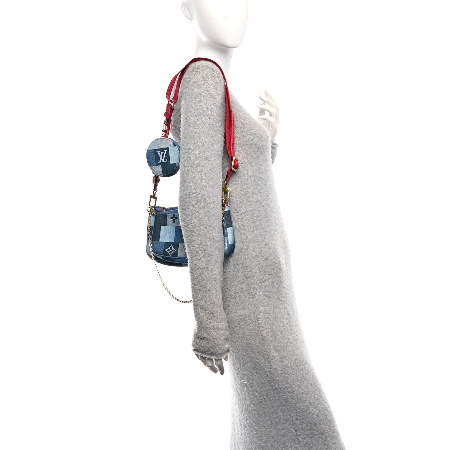 Denim Damier Monogram Patchwork Multi Pochette Accessories Blue Rouge