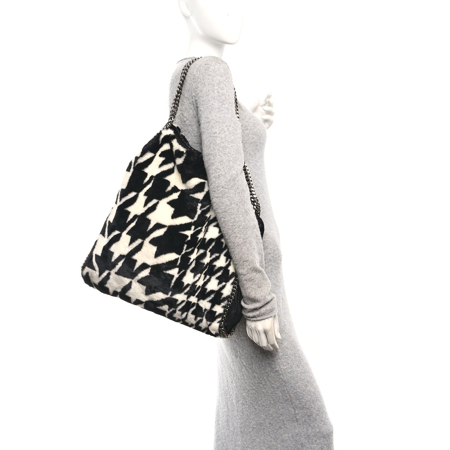 Eco Fur Houndstooth Big Falabella  Tote Black White