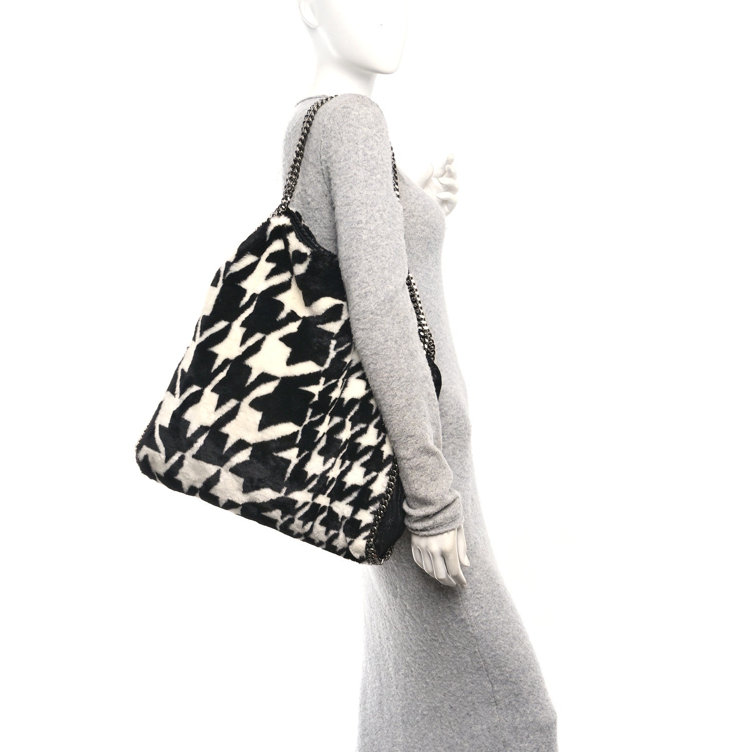 Stella McCartney Eco Fur Houndstooth Big Falabella  Tote Black White 2 of 11