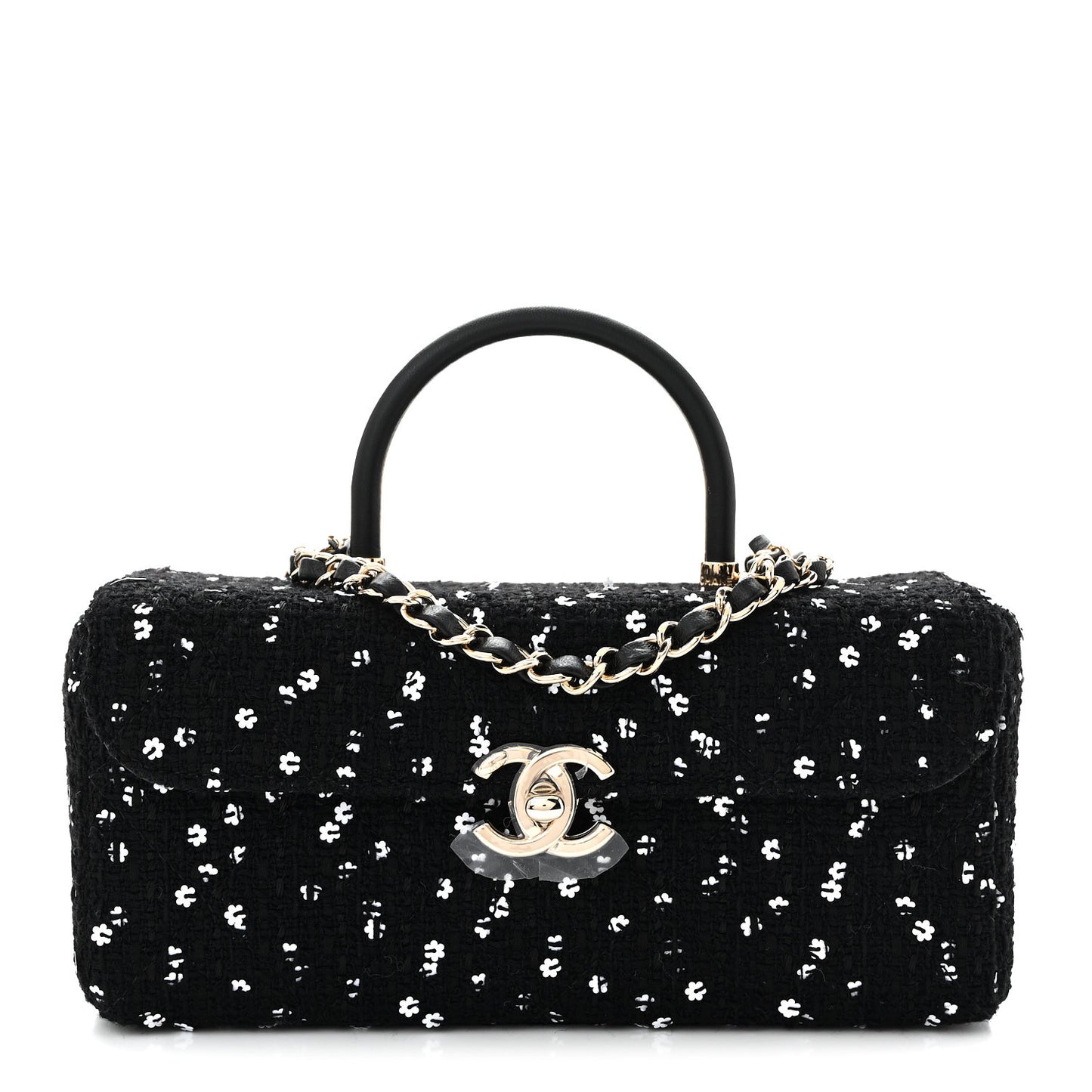 Tweed Sequin Quilted Top Handle Box Bag Black