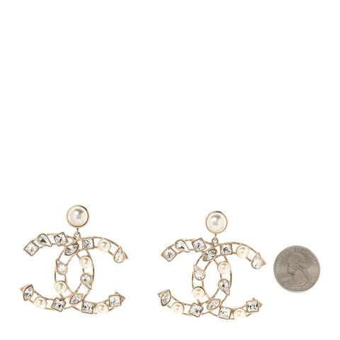 Metal Glass Pearl CC Crystal Snowfall CC Drop Earrings Light Gold