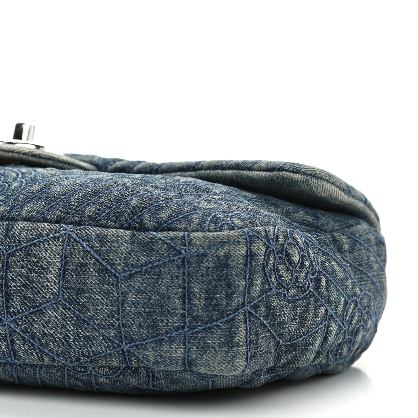 Denim Quilted Camellia Embroidered Medium Flap Blue