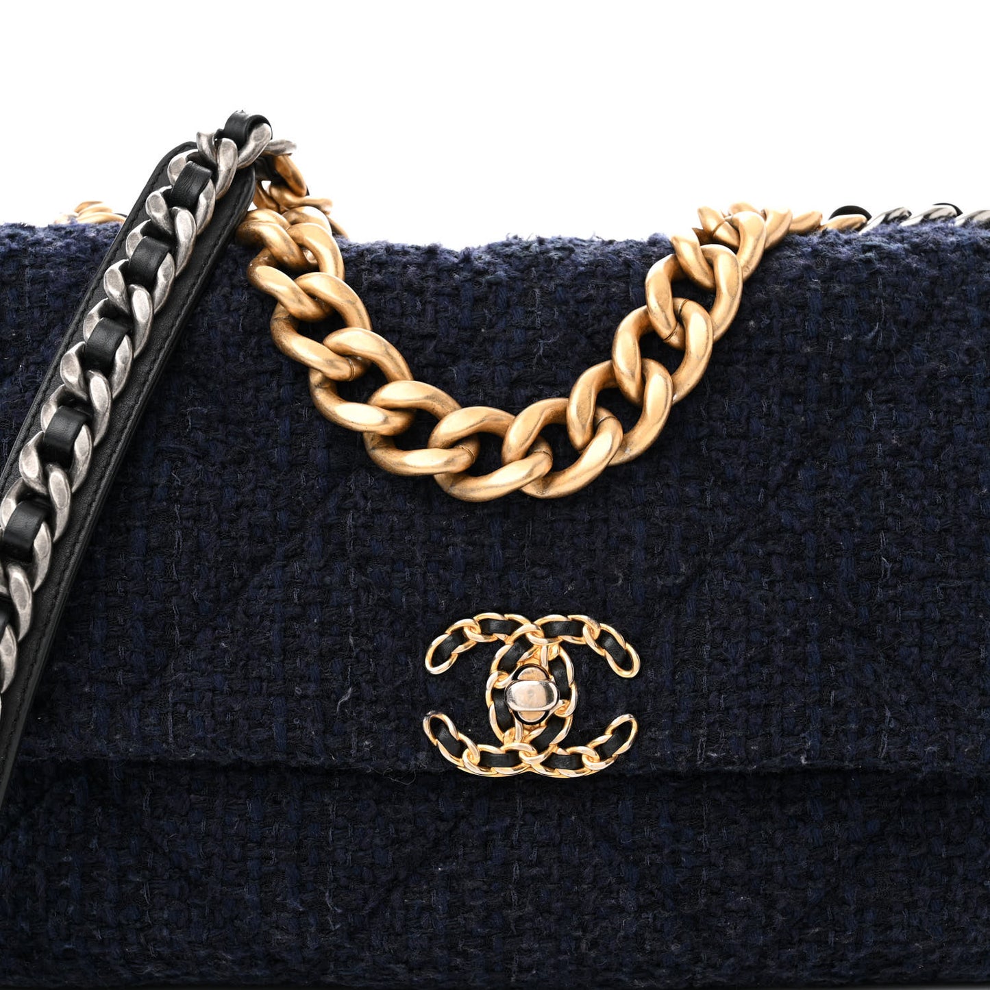 Tweed Quilted Large Chanel 19 Flap Navy Blue