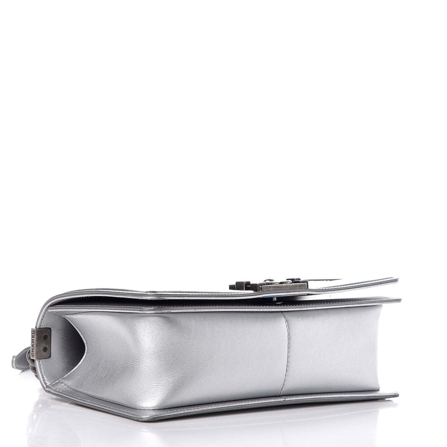 Metallic Patent Calfskin Quilted Medium Boy Flap Silver