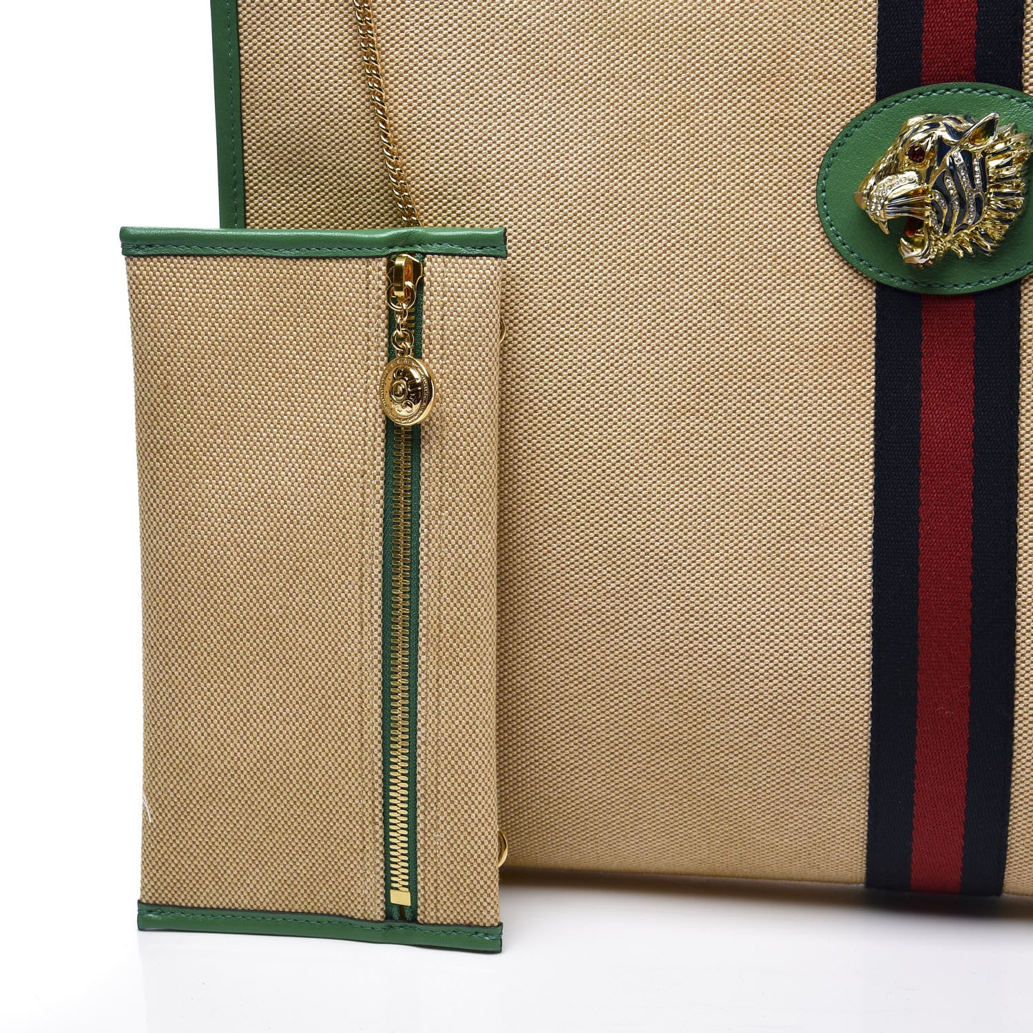 Gucci Canvas Calfskin Large Rajah Chain Tote Beige Green 10 of 12