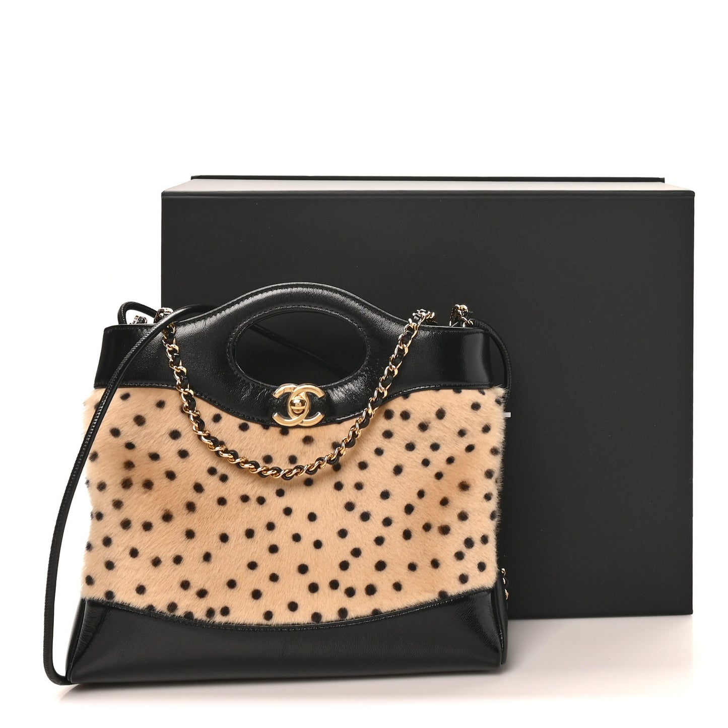 Shiny Lambskin Pony Hair Cheetah Printed Mini 31 Shopping Bag Light Beige Black Light Beige Black