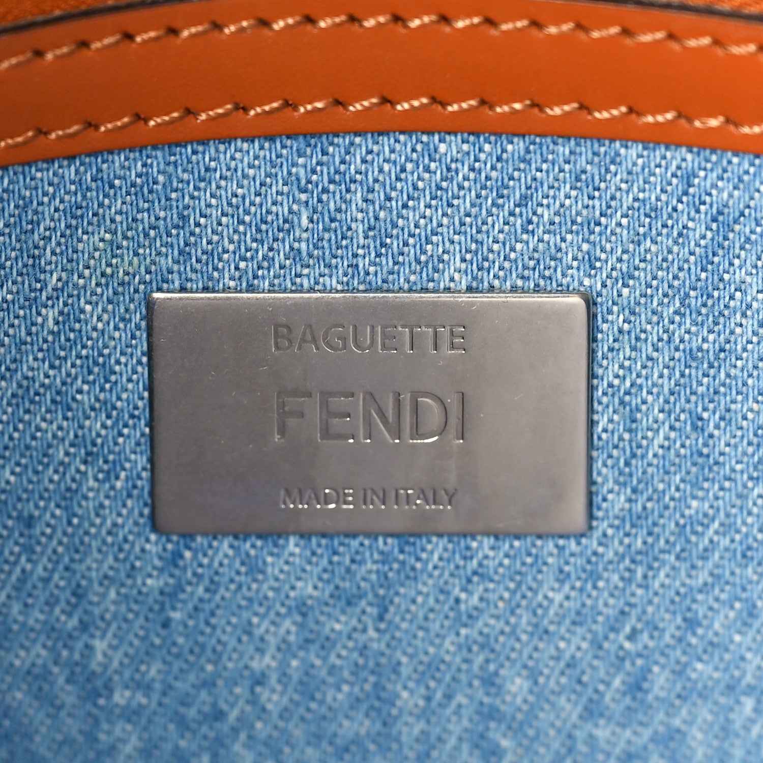 Fendi Denim Vitello King FF Embroidered Baguette Denim Chiaro Brandy 6 of 9