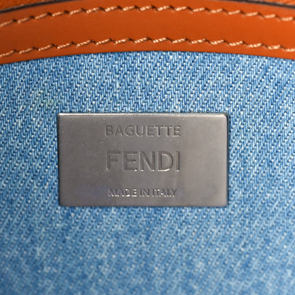 Fendi Denim Vitello King FF Embroidered Baguette Denim Chiaro Brandy 6 of 9