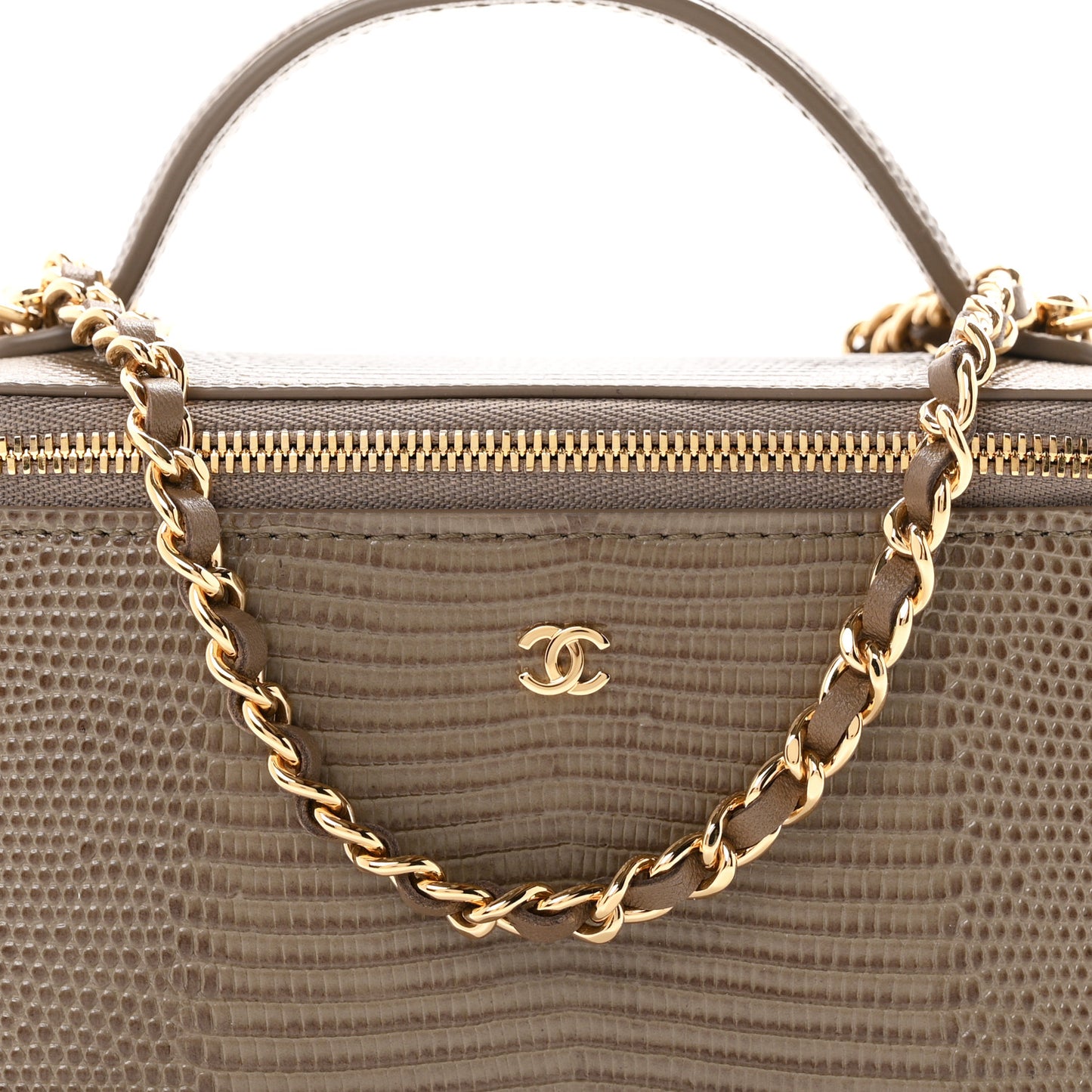 Calfskin Lizard Embossed Top Handle Vanity With Chain Dark Khaki