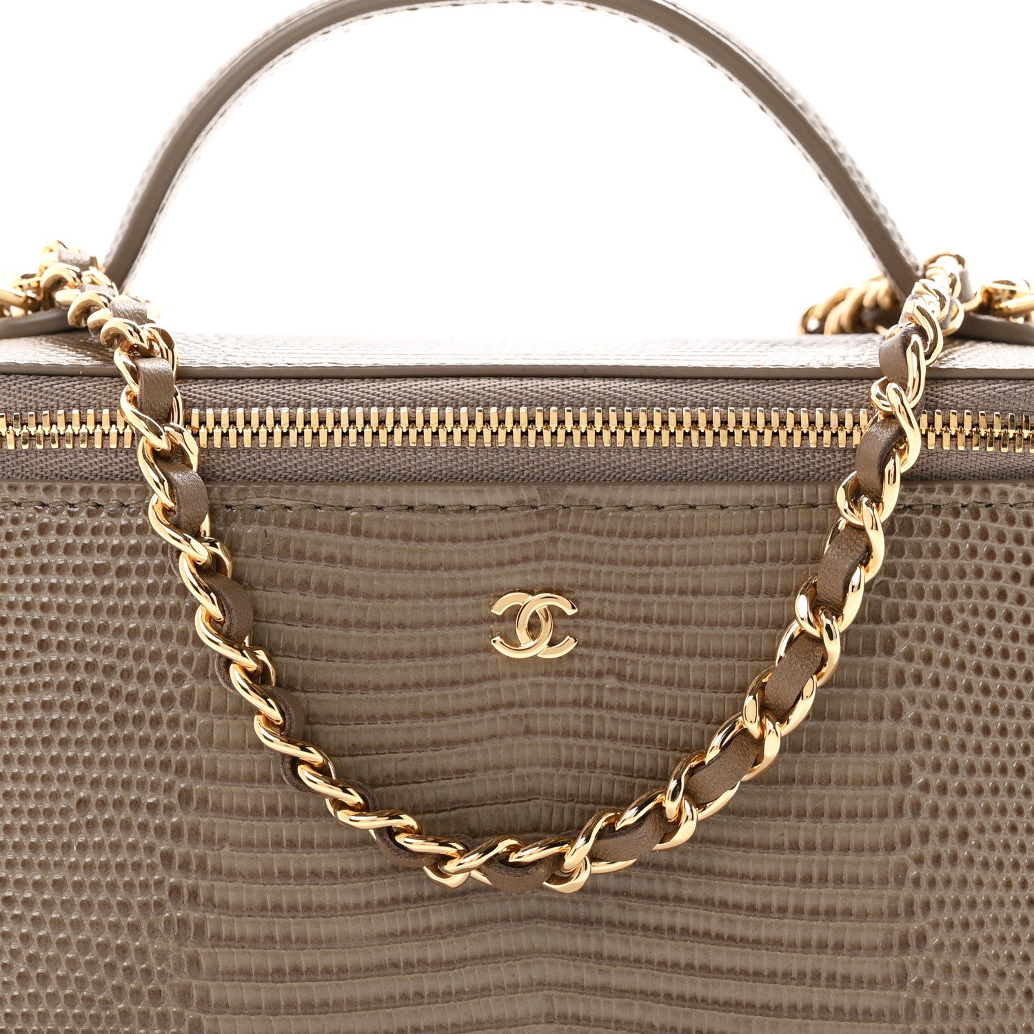Chanel Calfskin Lizard Embossed Top Handle Vanity With Chain Dark Khaki 8 of 11