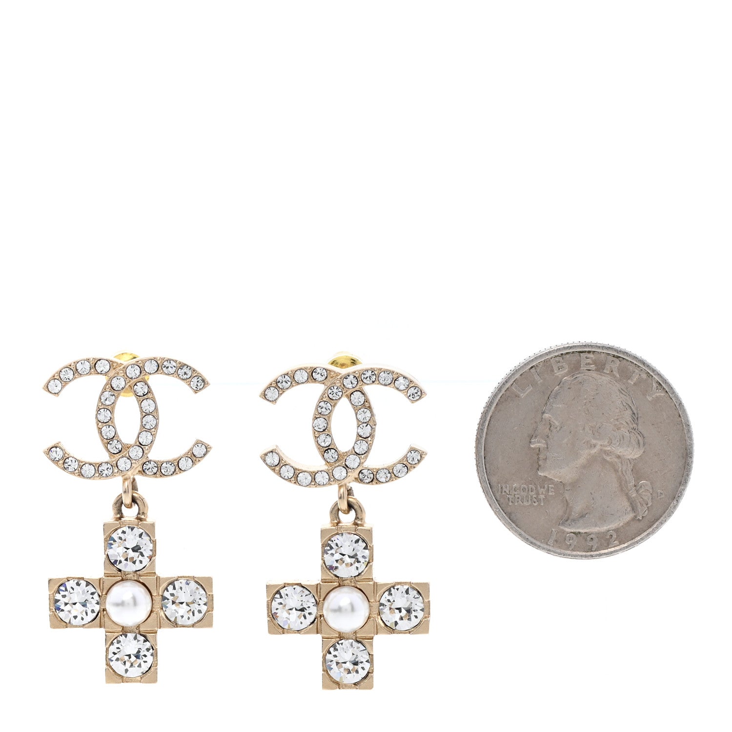 Chanel Crystal Pearl CC Cross Drop Earrings Gold 2 of 5