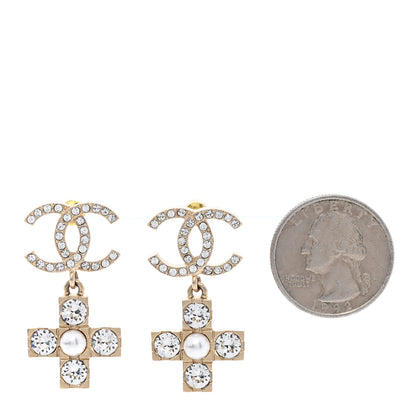 Chanel Crystal Pearl CC Cross Drop Earrings Gold 2 of 5