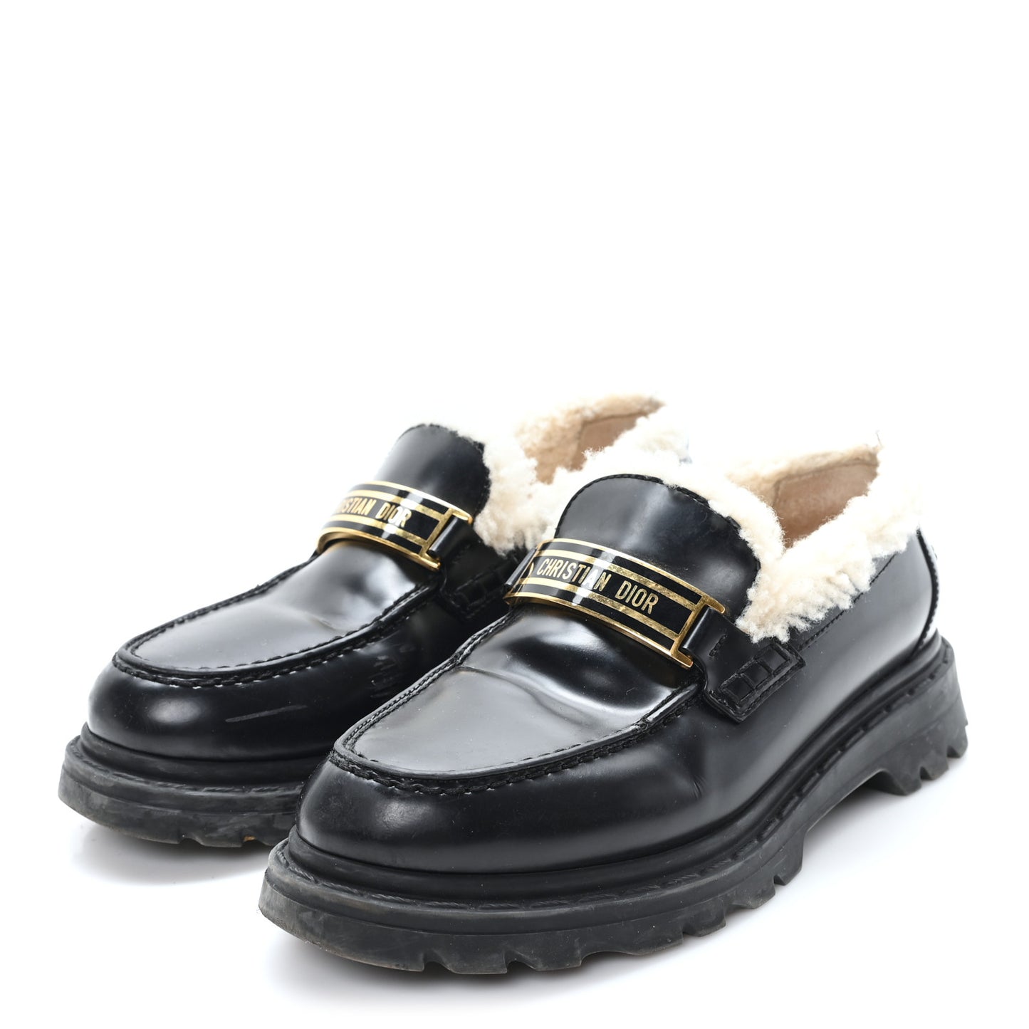 Brushed Calfskin Shearling Dior Code Lug Sole 15mm Loafers 35.5 Black Natural