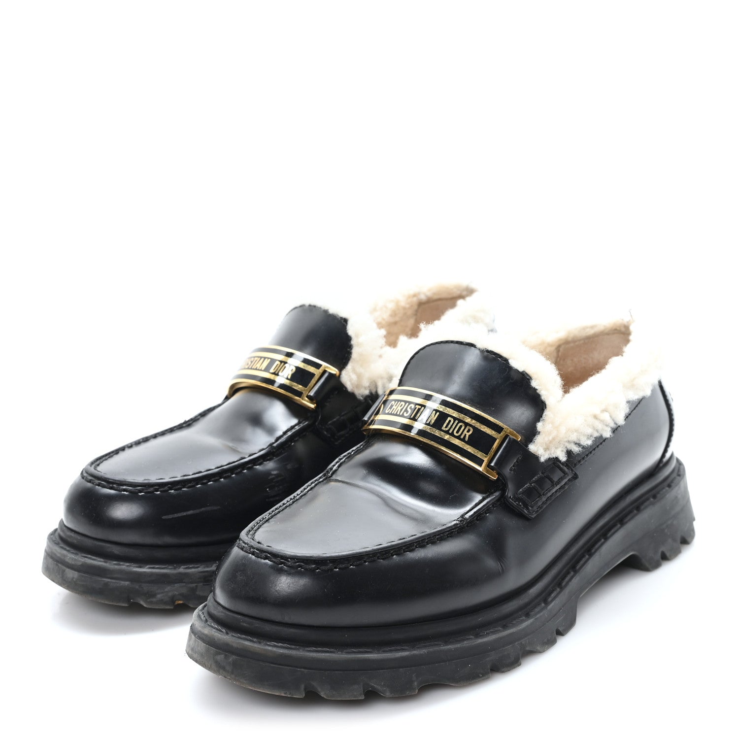 Christian Dior Brushed Calfskin Shearling Dior Code Lug Sole 15mm Loafers 35.5 Black Natural 4 of 10
