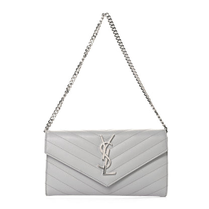 Saint Laurent Grain De Poudre Matelasse Chevron Small Monogram Chain Wallet Light Grey 2 of 36