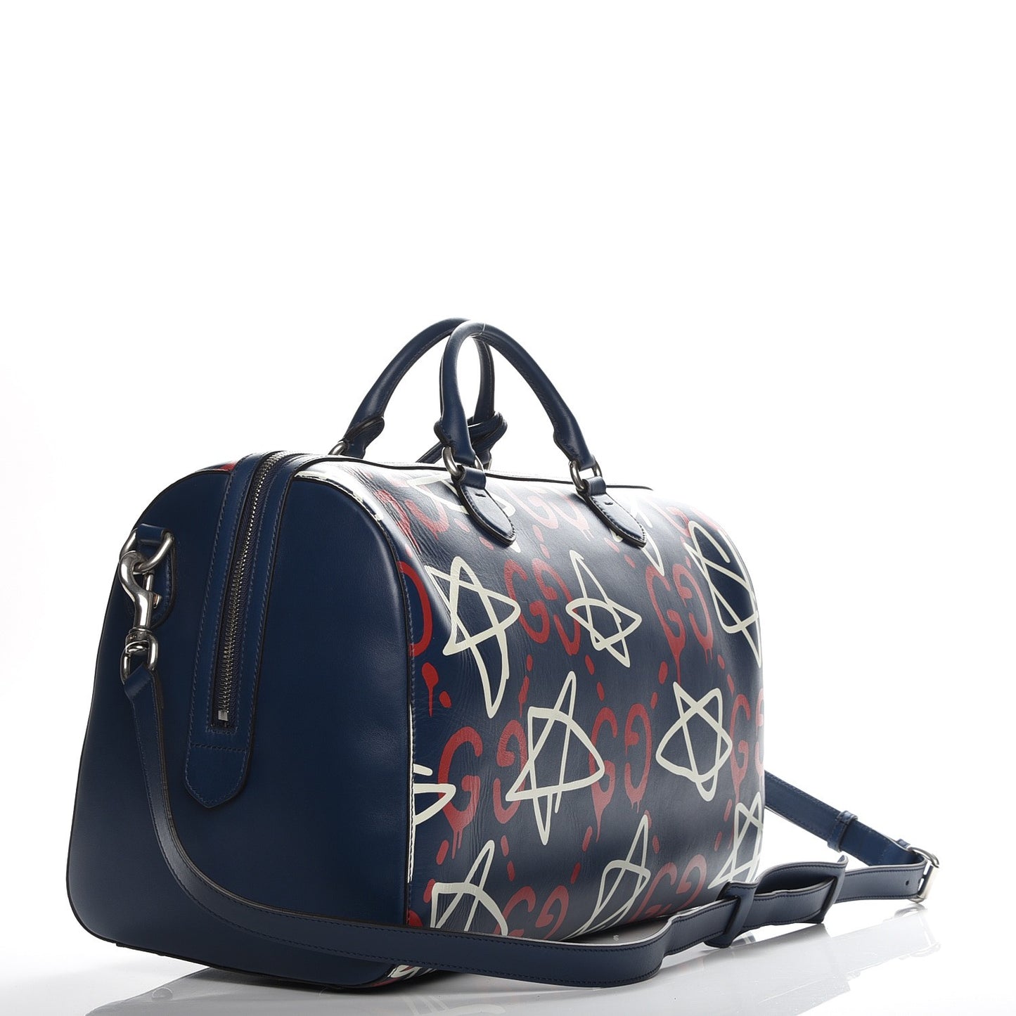 Calfskin GucciGhost Print Duffle Blue Agata Hibiscus Red