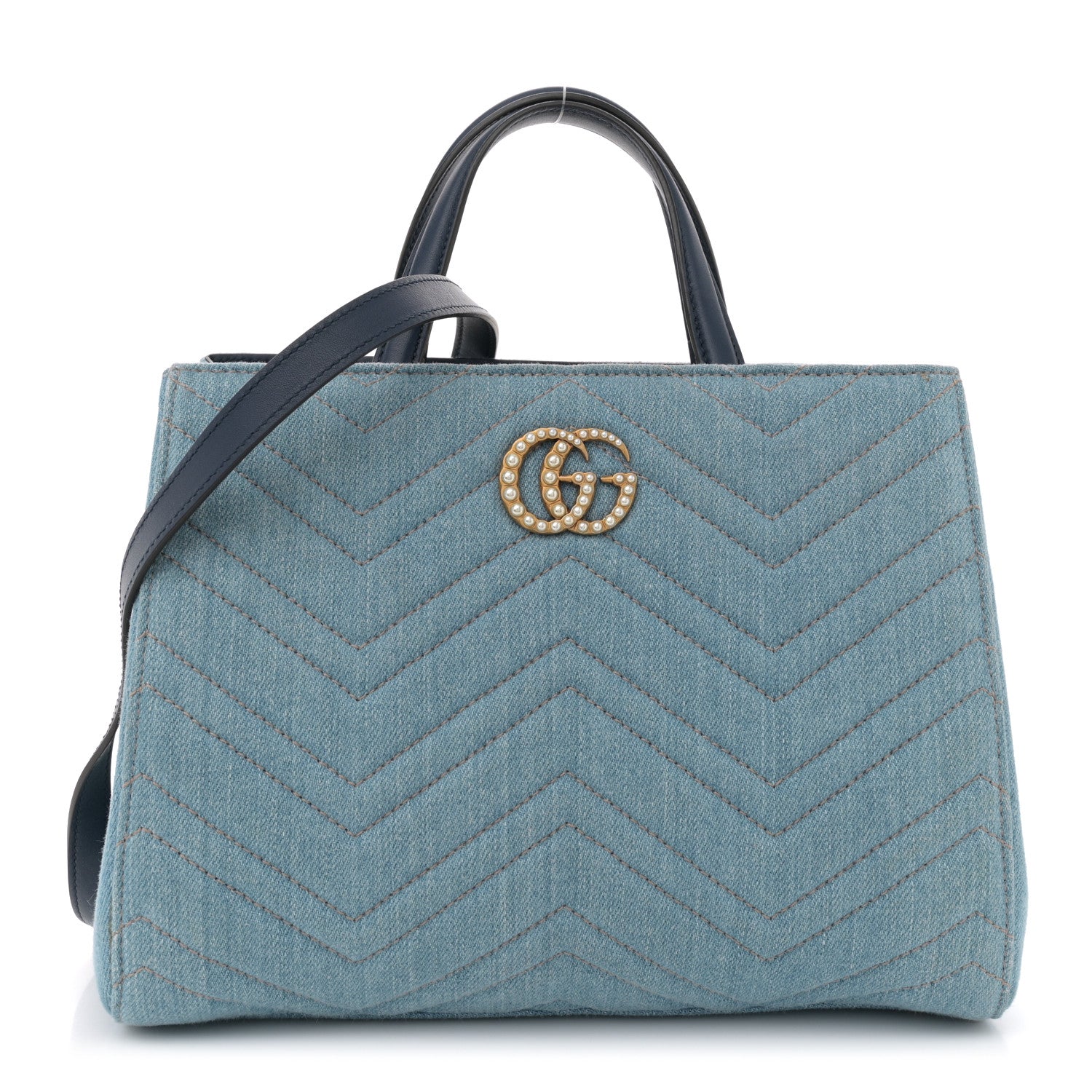 Gucci Denim Matelasse Small Pearly GG Marmont Tote Blue 1 of 11