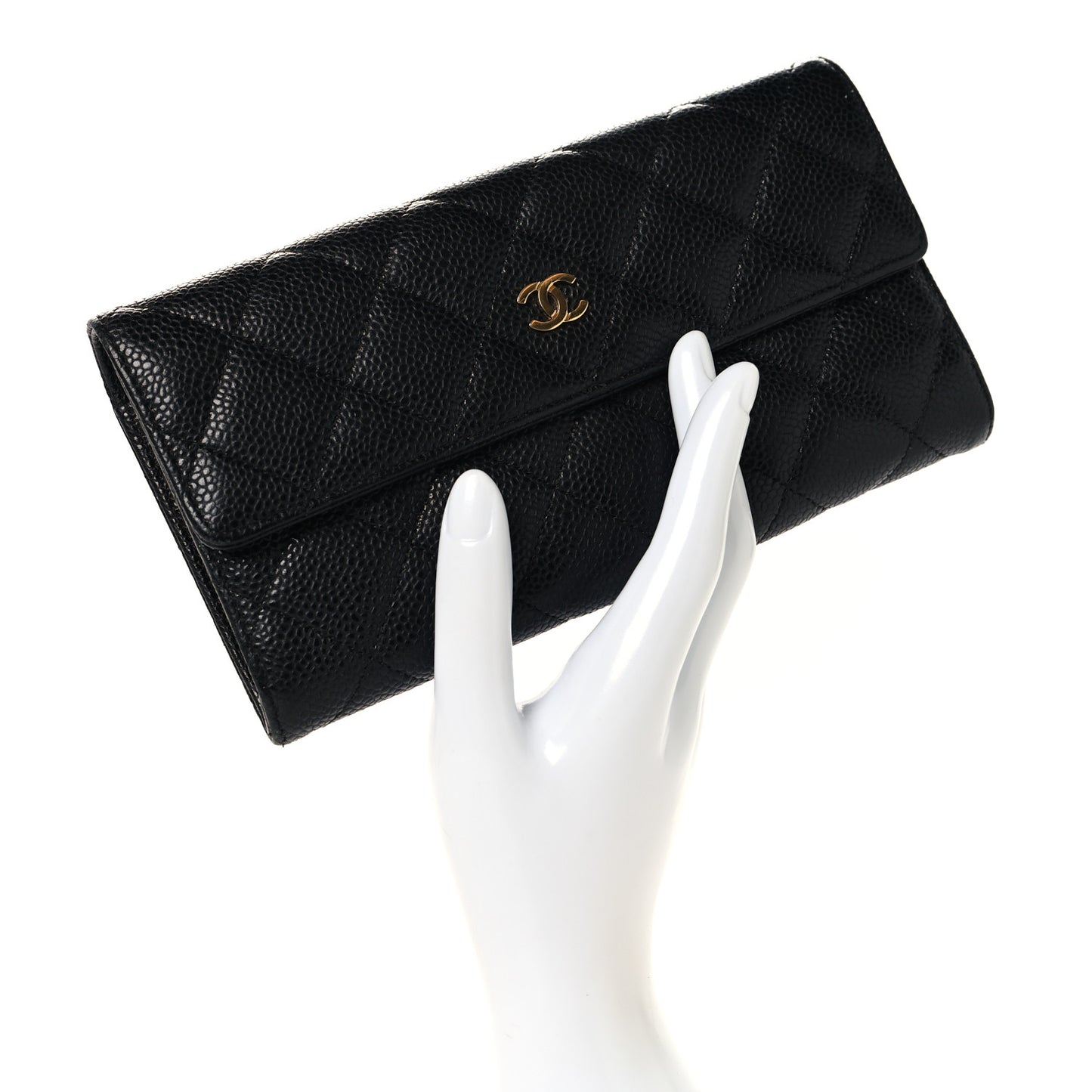 Caviar Quilted Large Gusset Flap Wallet Black