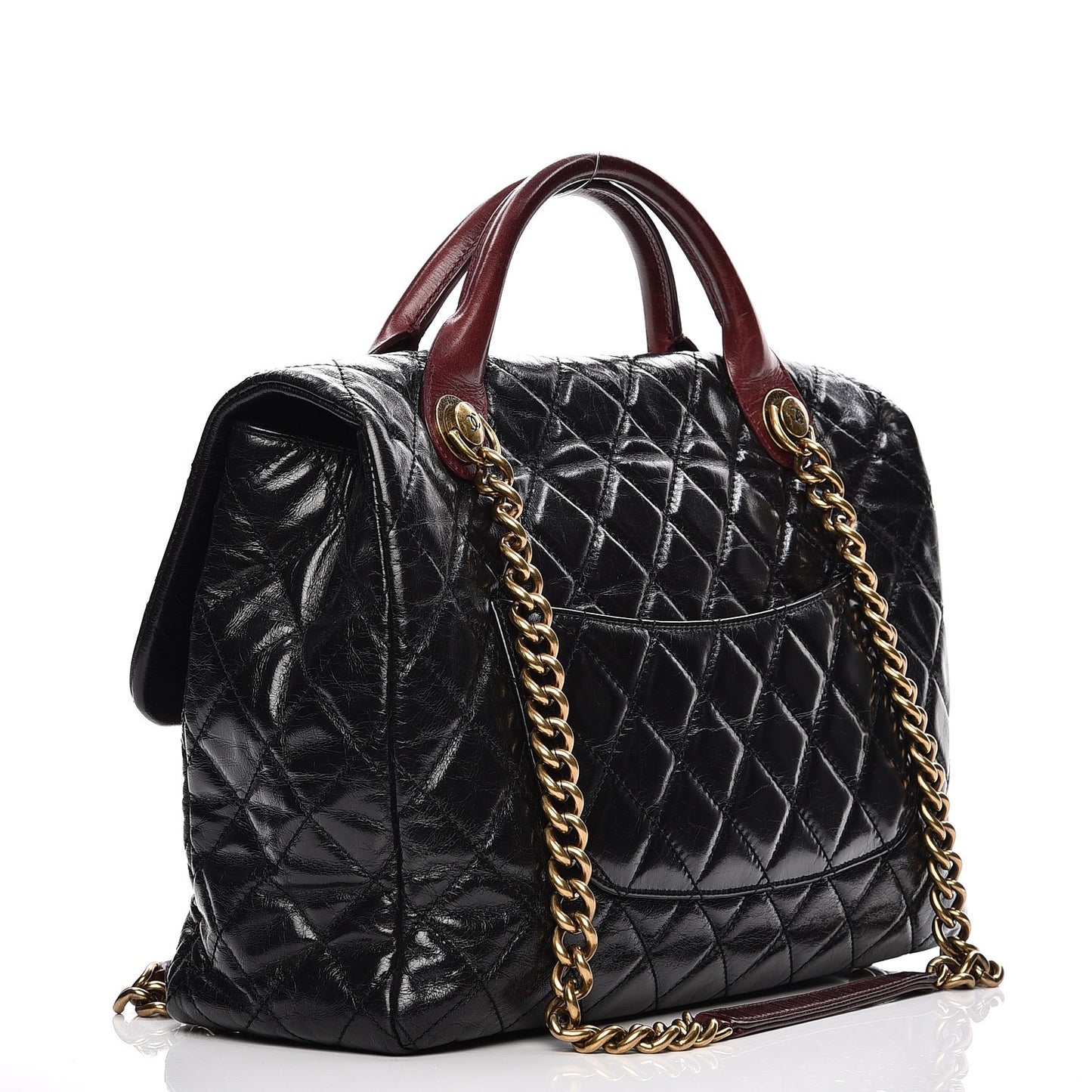 Glazed Calfskin Castle Rock Large Flap Black Burgundy