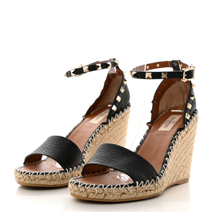 Valentino Garavani Grained Calfskin Rockstud Ankle Strap Espadrille 15/105mm Wedge Sandals 39 Black Light Cuir Natural 3 of 9