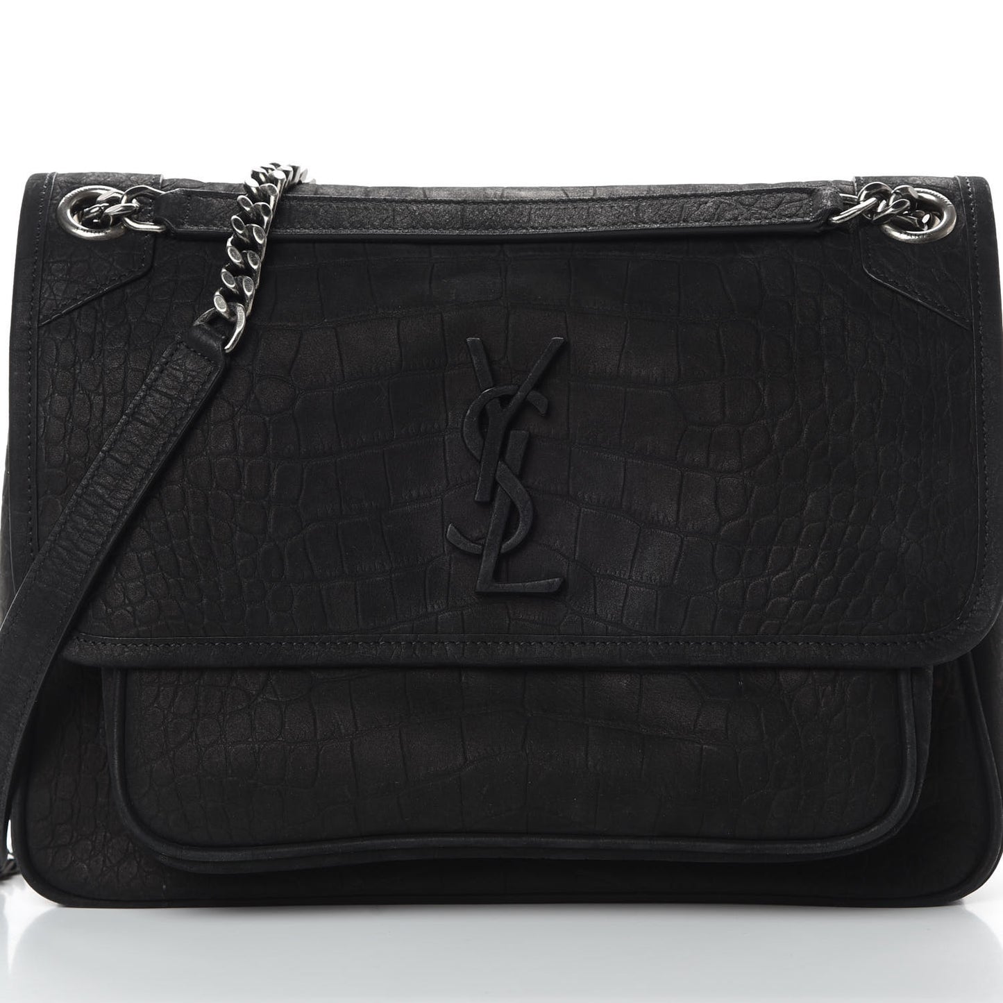 Nubuck Crocodile Embossed Monogram Medium Niki Chain Satchel Black