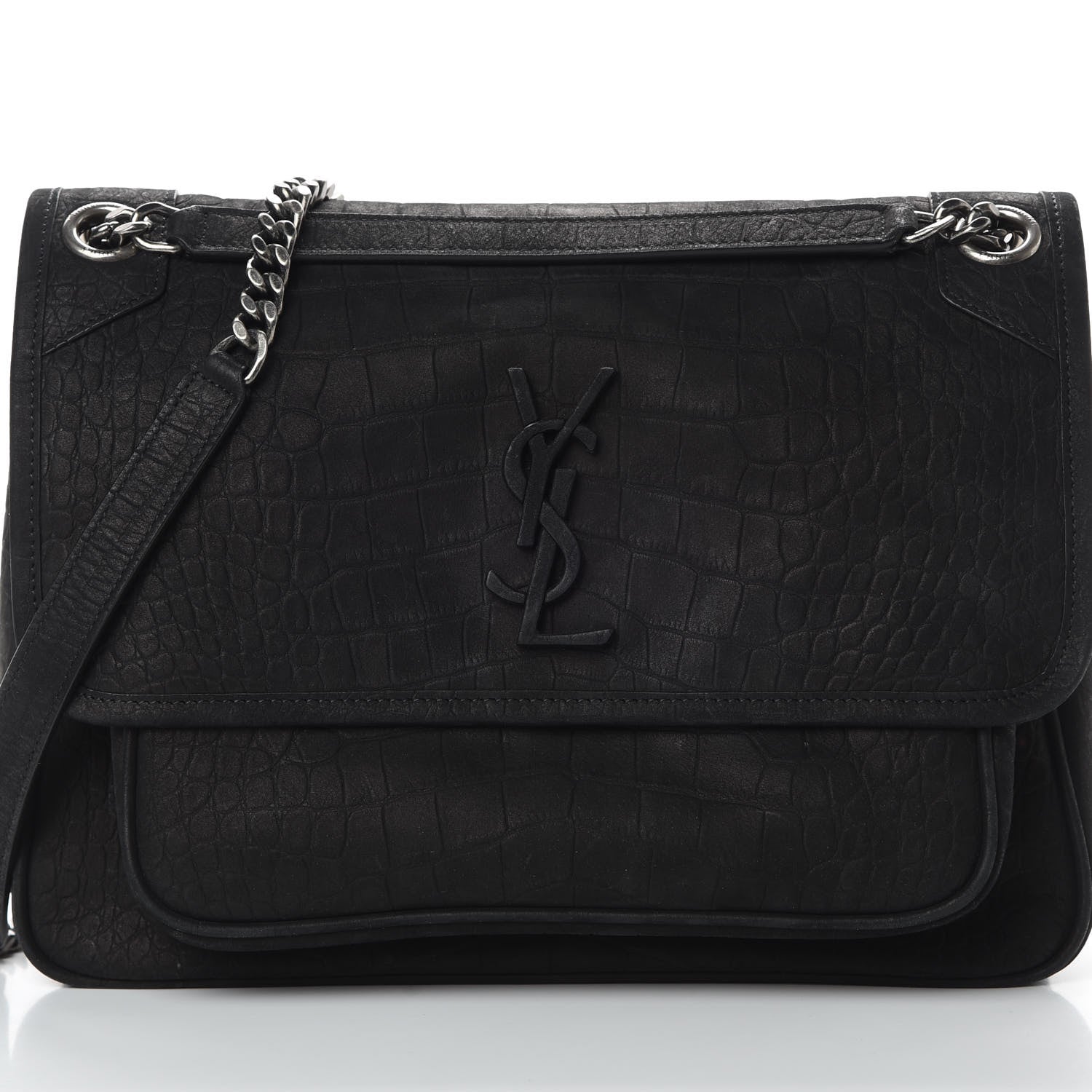 Saint Laurent Nubuck Crocodile Embossed Monogram Medium Niki Chain Satchel Black 9 of 14